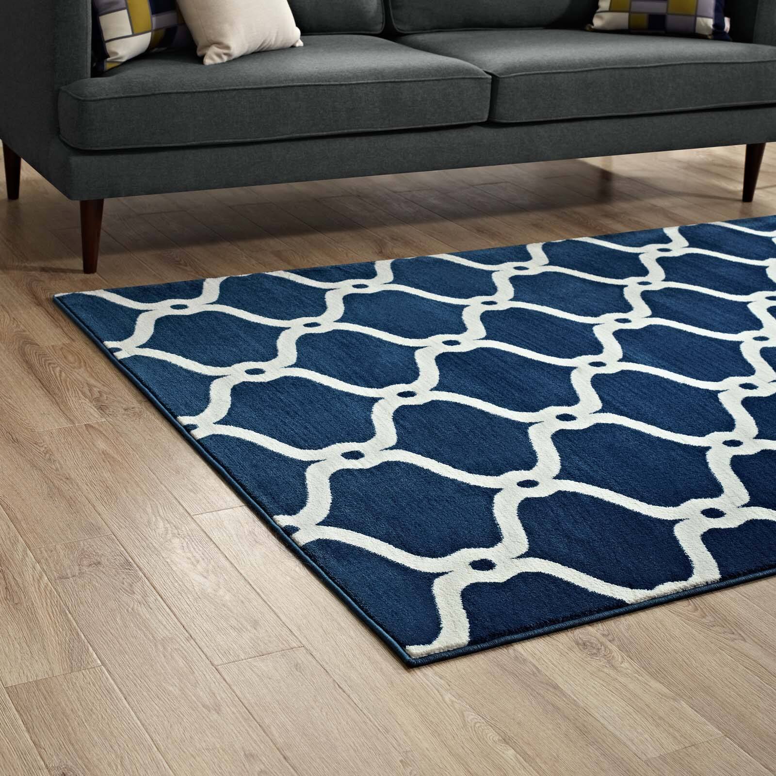 Back. Modway - Beltara Chain Link Transitional Trellis Area Rug - Moroccan Blue and Ivory.