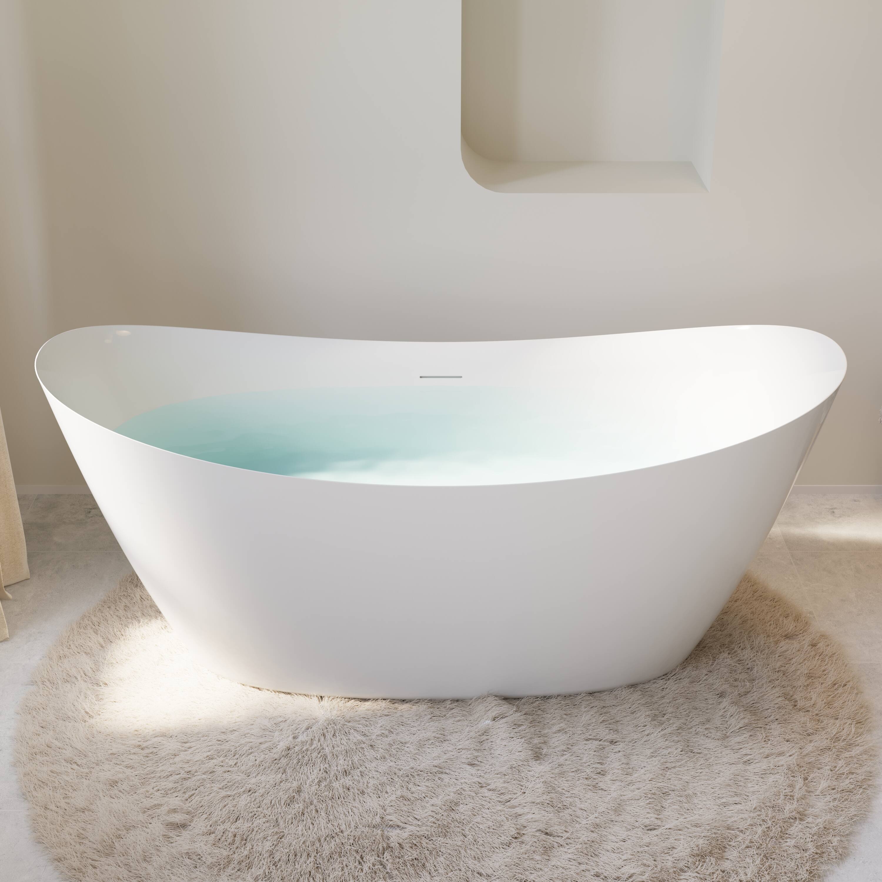 Angle. WELLFOR - Villa 66 in. x 28.75 in. Acrylic Oval Freestanding Soaking Bathtub with Center Drain and Overflow - White.