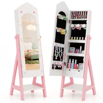 Front. Costway - Costway Kids Jewelry Cabinet with Full-Length Mirror, Freestanding Jewelry Armoire Organizer for Girls - White.