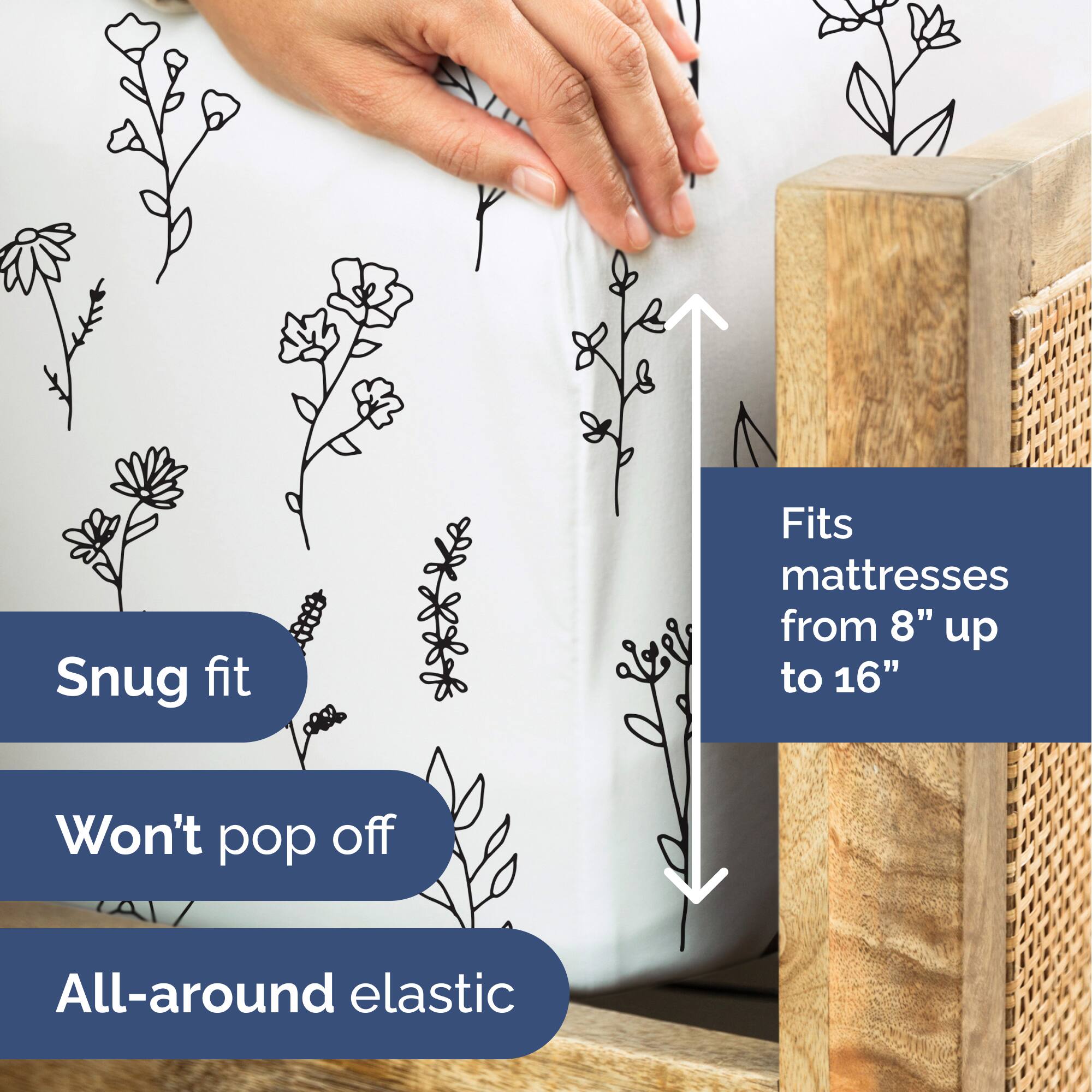 - Snug fit
- Fits mattresses from 8" up to 16"
- Won't pop off
- All-around elastic