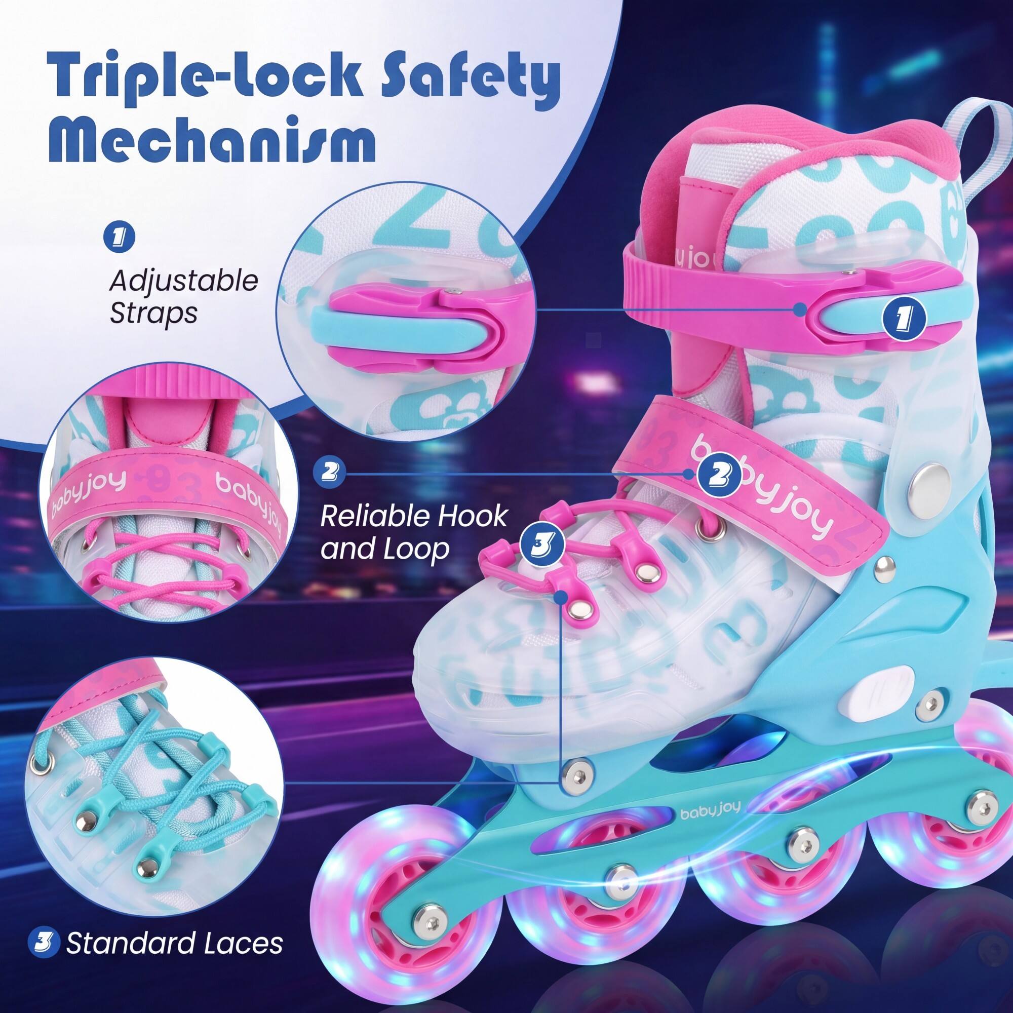Triple-lock Safety Mechanism

1. Adjustable Straps
2. Reliable Hook and Loop
3. Standard Laces