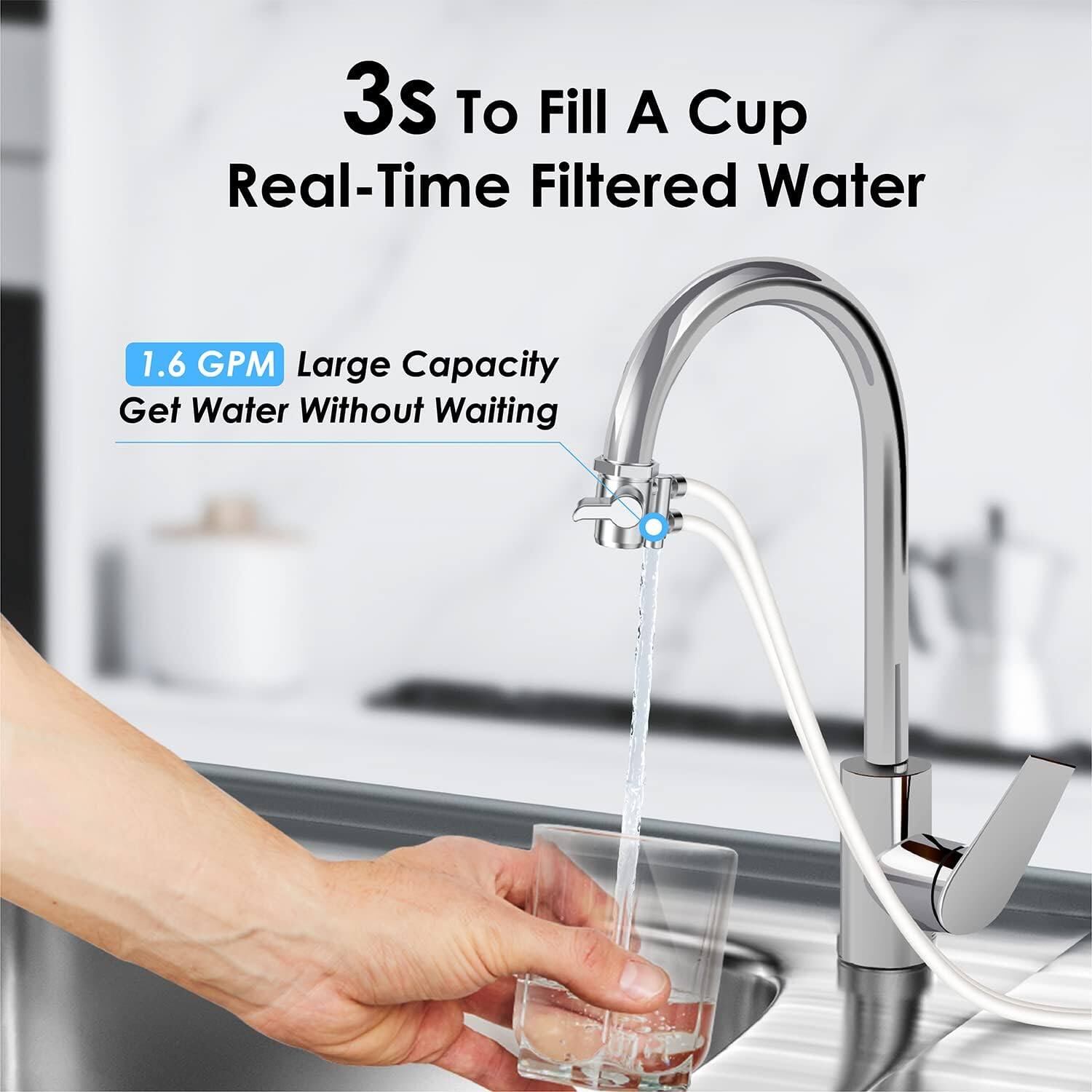 3S To Fill A Cup  
Real-Time Filtered Water  

1.6 GPM  
Large Capacity  
Get Water Without Waiting
