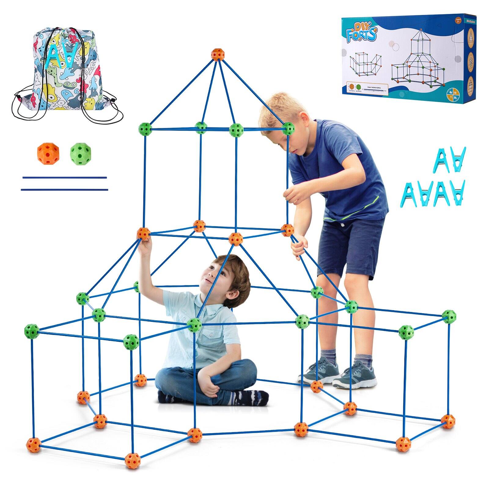Glintex - Kids Fort Building Kit, 120PCS STEM Construction Toy with Rods and Balls for Indoor Outdoor Creative Play
