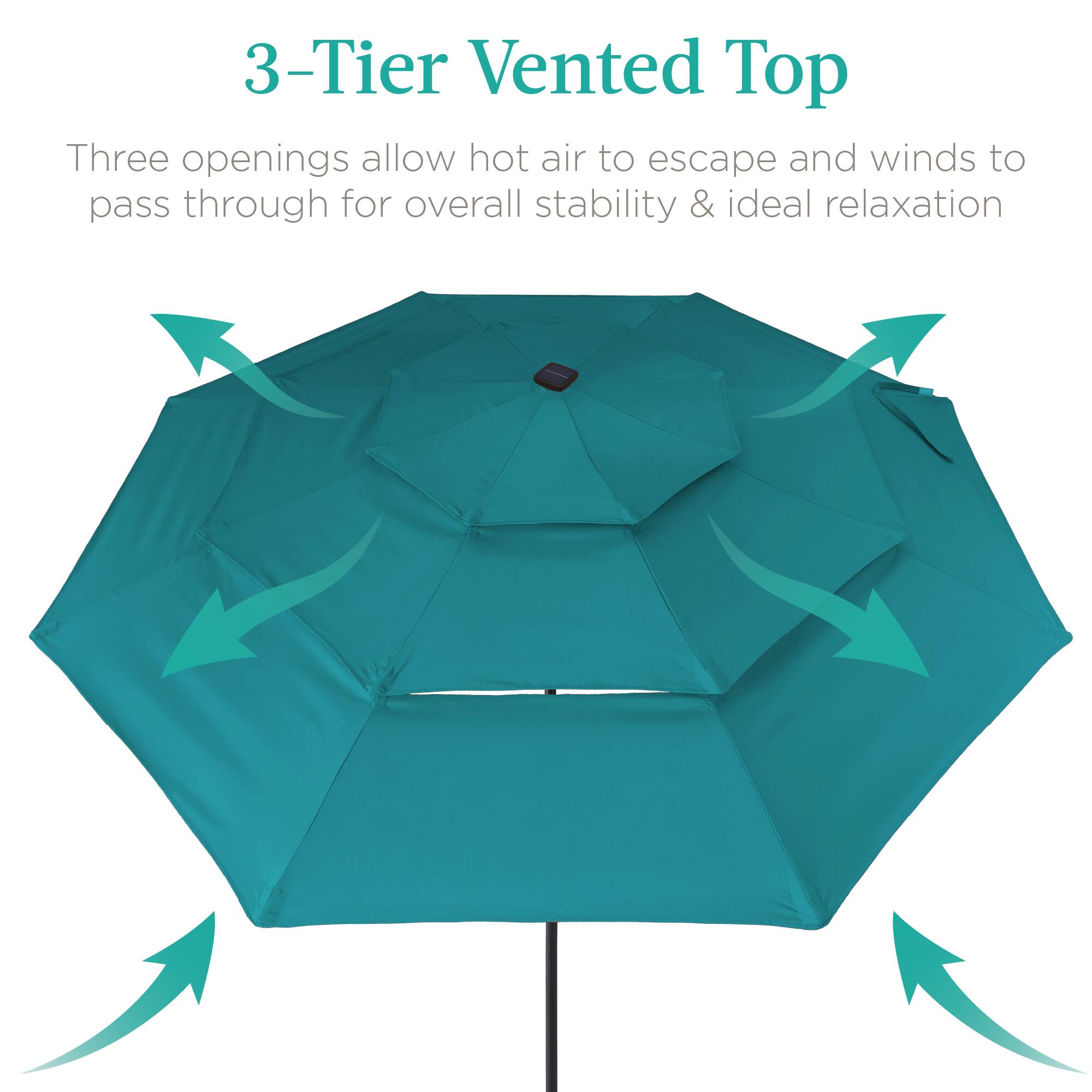 3-Tier Vented Top
Three openings allow hot air to escape and winds to pass through for overall stability & ideal relaxation