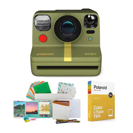 Polaroid is a brand that offers a variety of products, including cameras and film. In the image, there is a Polaroid camera with a green case, which is a popular color for the brand. The camera is accompanied by several Polaroid items, such as a book, cards, and a case. The book is likely to provide information about the brand or its products, while the cards and case are accessories that can be used with the camera or as standalone items. The Polaroid brand is known for its instant photography products, which allow users to capture and print photos quickly and easily.