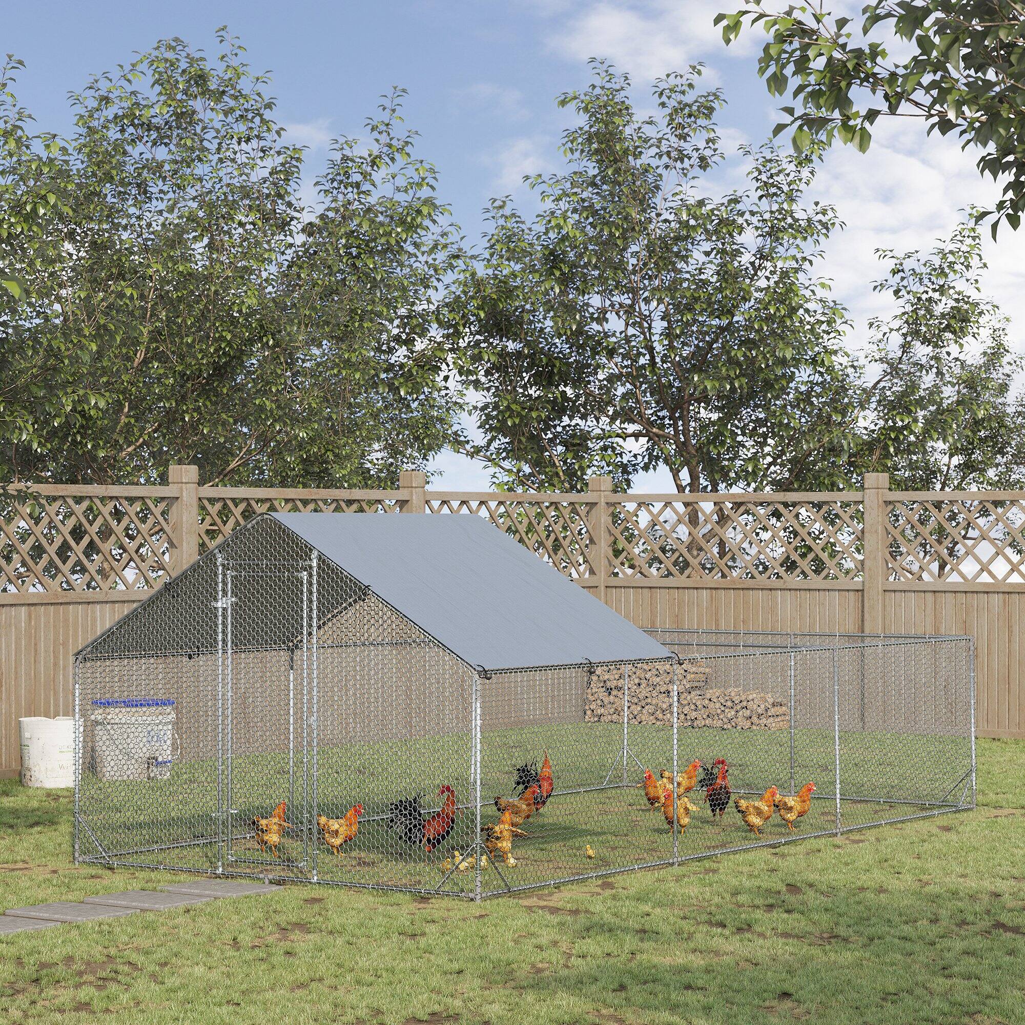Angle. Pawhut - 19.7' x 9.8' x 6.4' Large Metal Chicken Coop Run, Waterproof Anti-UV Cover Spire Fence Cage, Walk-in Hen House.