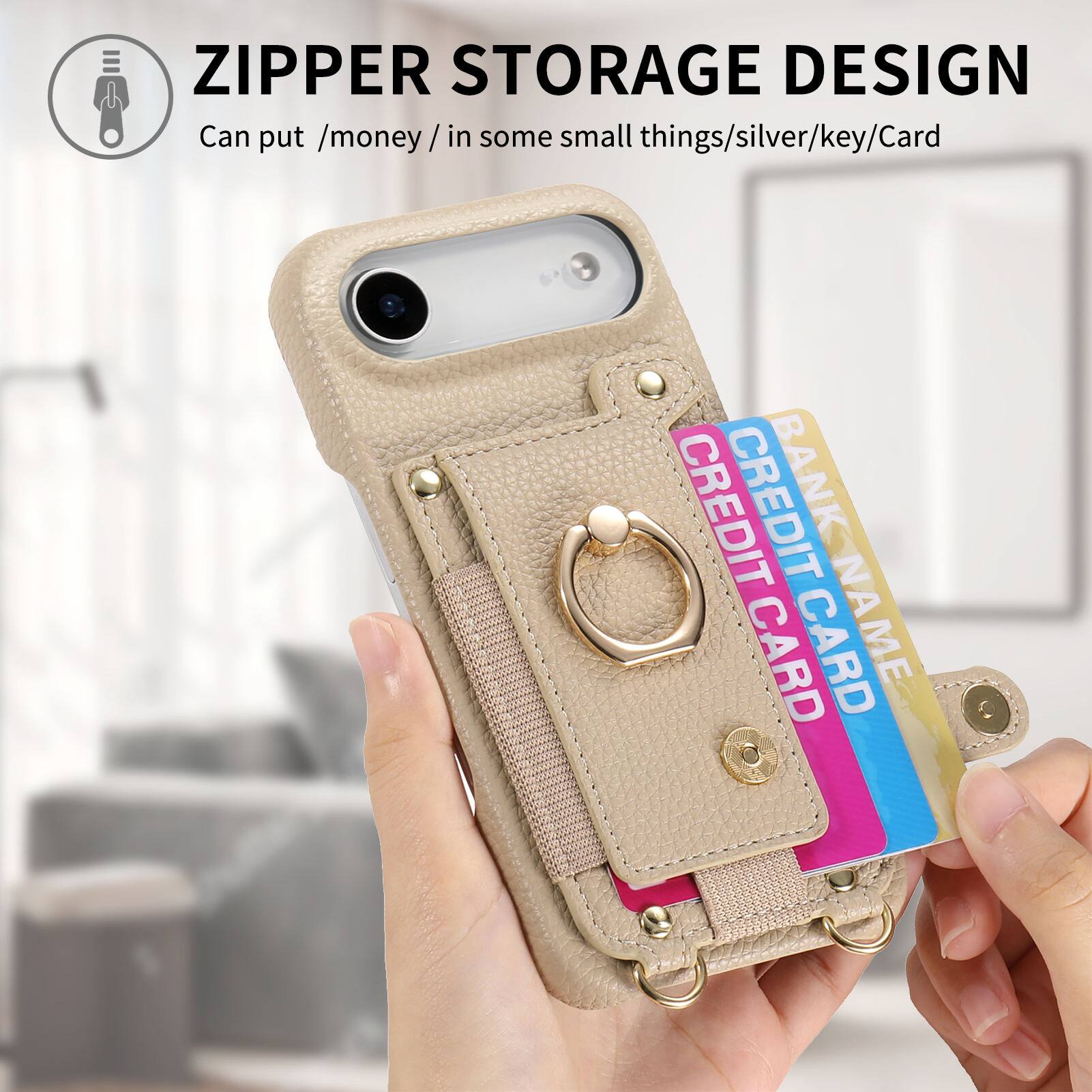 ZIPPER STORAGE DESIGN  
Can put /money/ in some small things/silver/key/Card  
CREDIT CARD  
BANK NAME