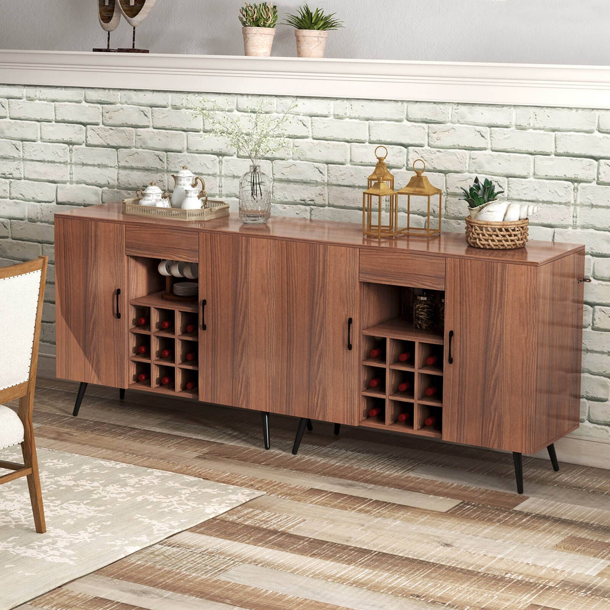 Alt View 5. Costway - Buffet Sideboard Cabinet Wine Bar Cabinet with Drawer & Adjustable Shelves - Walnut.