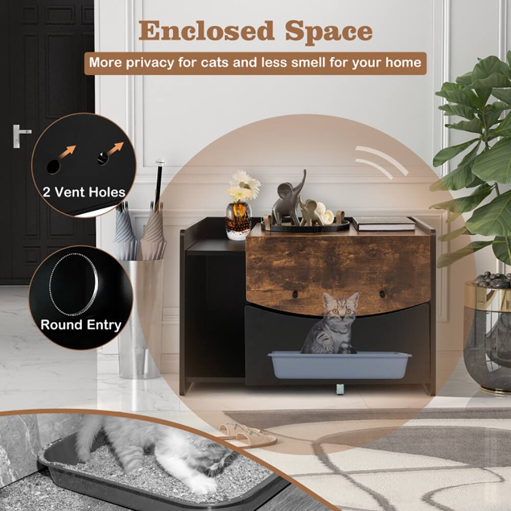 Enclosed Space  
More privacy for cats and less smell for your home  

2 Vent Holes  
Round Entry