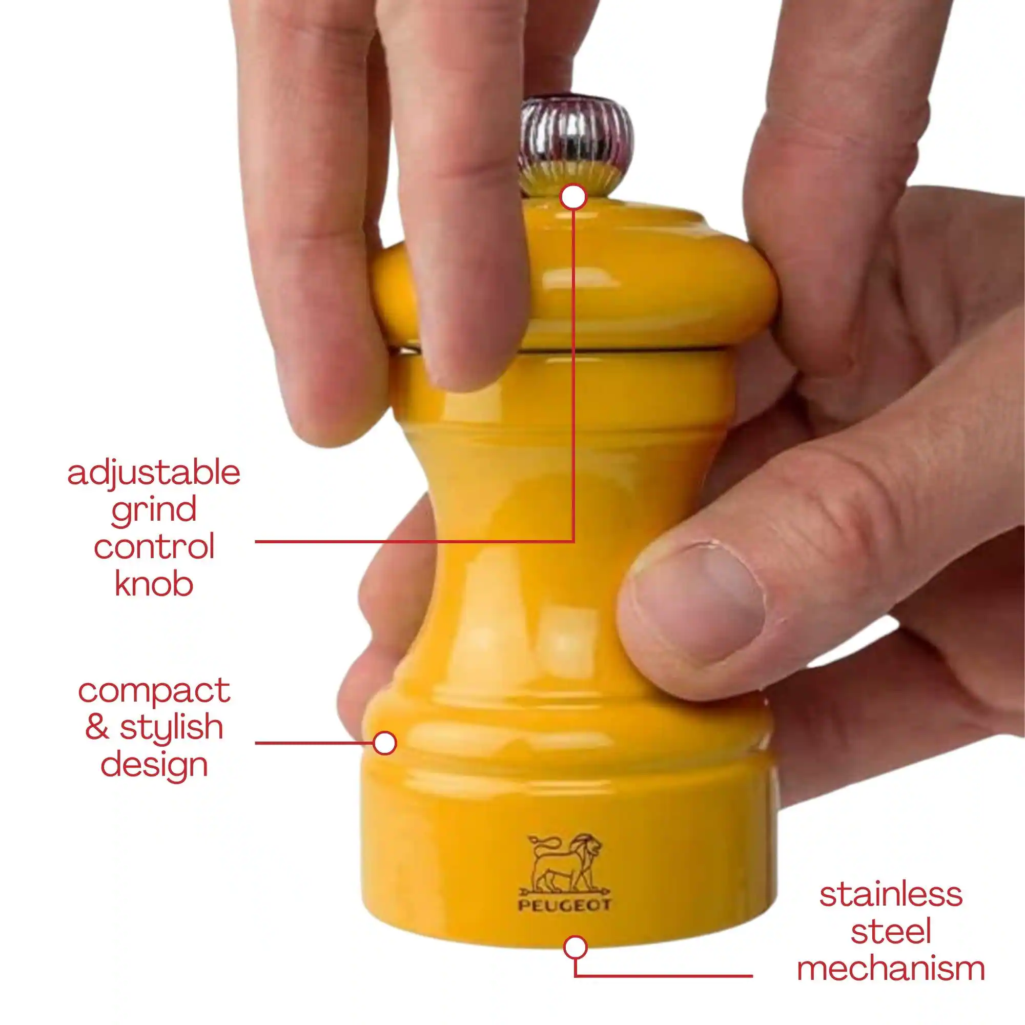adjustable grind control knob, compact & stylish design, PEUGEOT stainless steel mechanism