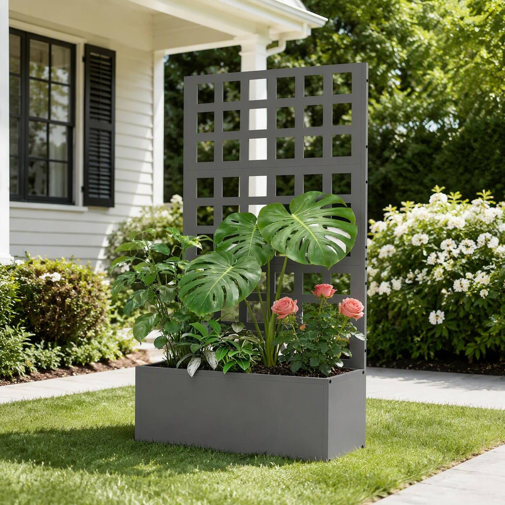 Alt View 1. RYHNUYNE - Galvanized Steel Raised Garden Bed with Trellis for Climbing Plants, Gray Planter Box 24x9x44.5 Inches Outdoor - Gray.