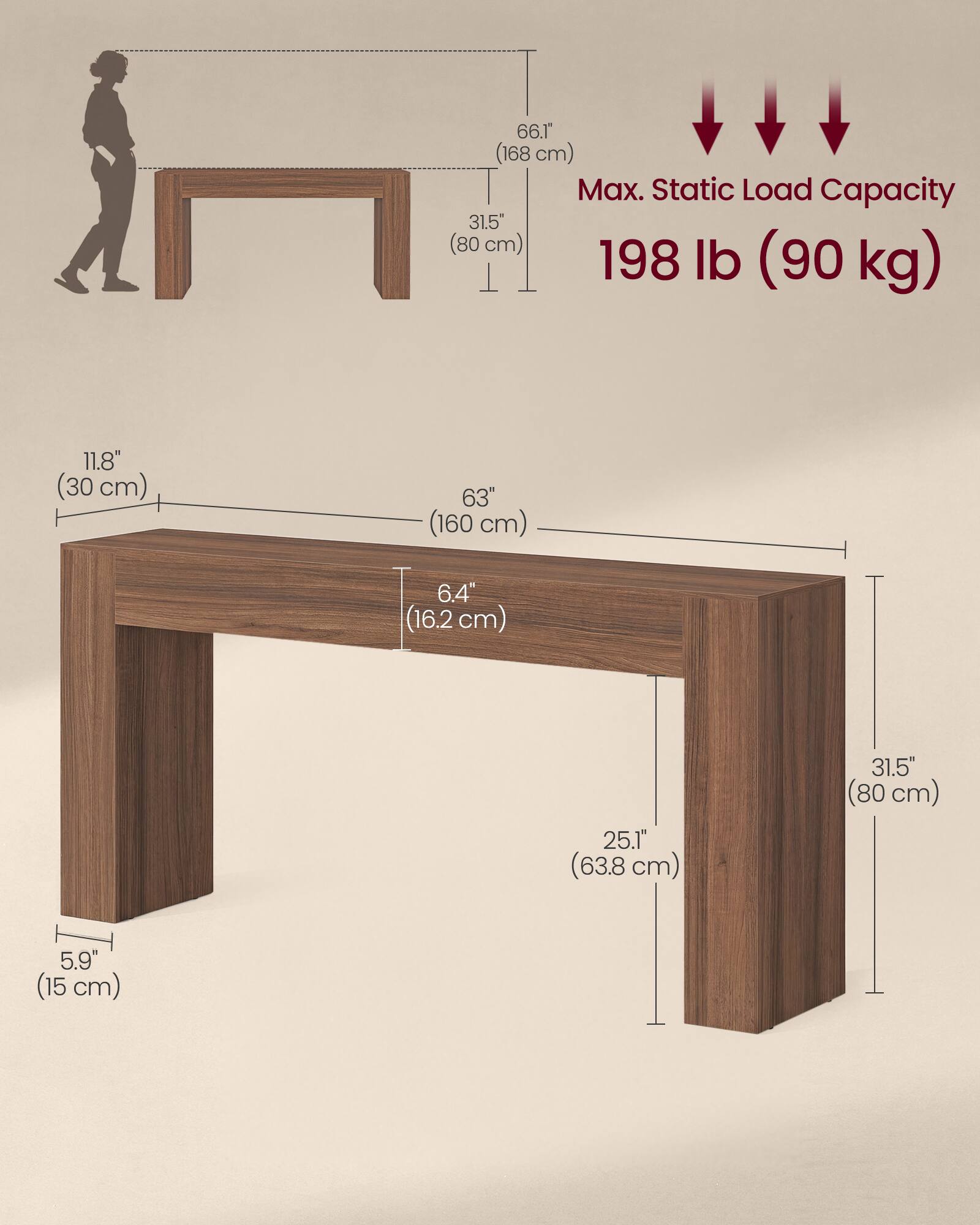 66.1" (168 cm)  
Max. Static Load Capacity: 198 lb (90 kg)  
31.5" (80 cm)  
11.8" (30 cm)  
63" (160 cm)  
6.4" (16.2 cm)  
25.1" (63.8 cm)  
5.9" (15 cm)