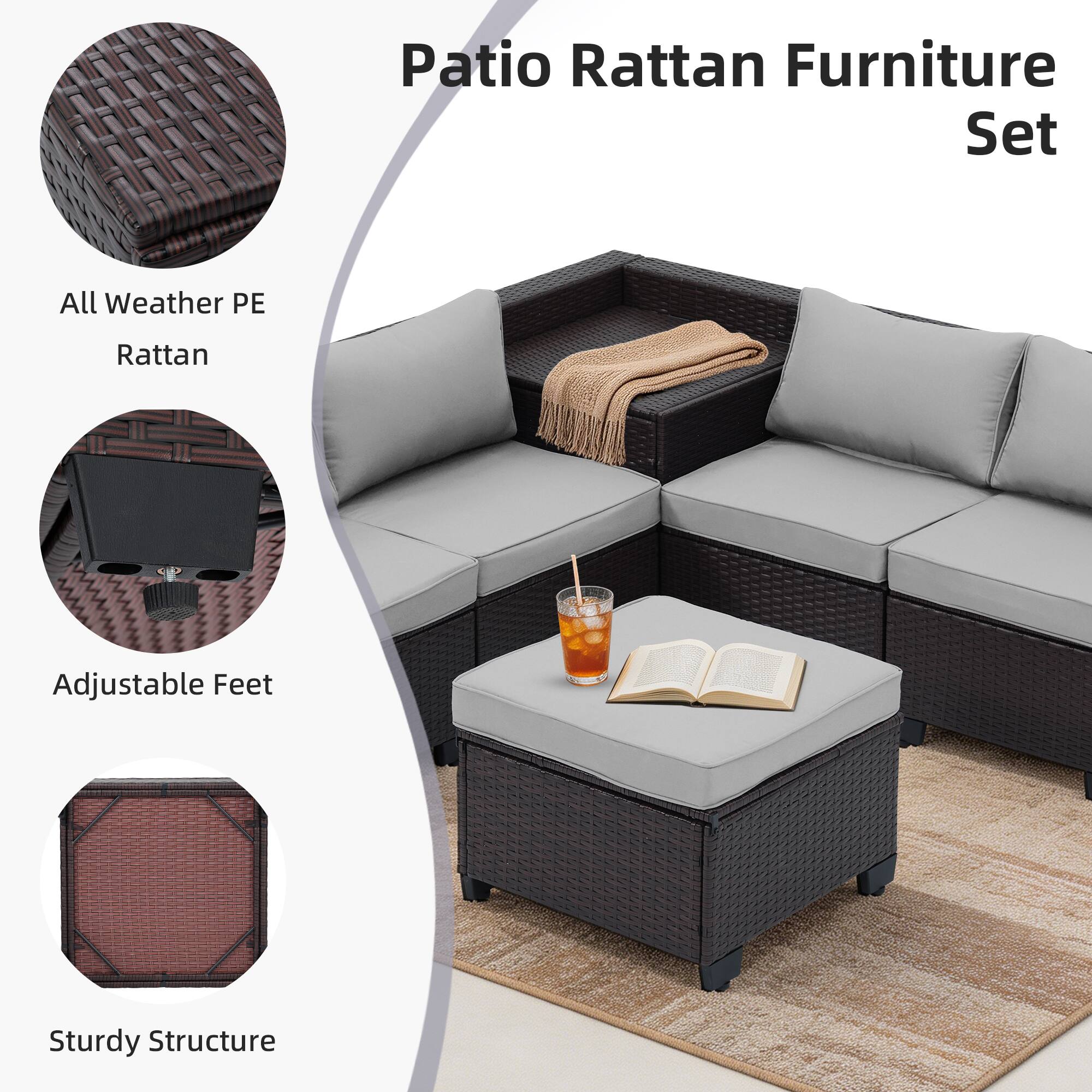 Ainfox 8 PCS Outdoor Patio Rattan Sectional Storage Wicker Furniture ...
