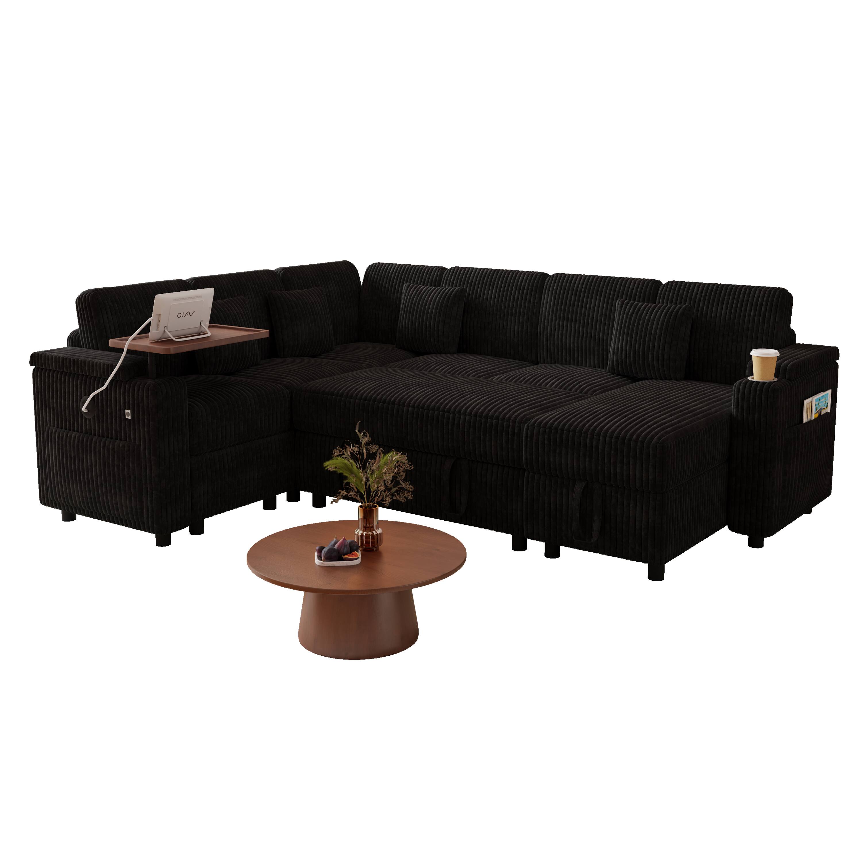 Alt View 1. Anysun - 100" Pull-Out Sofa Bed w/ USB, Table Board & Cup Holder, Corduroy Fabric, U-Shape Combo, Storage Lounge - Black.