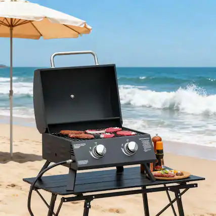 Front. GOODSILO - Portable Double Burner Outdoor Grill with Piezo Ignition and Foldable Legs for Camping and BBQ - Black.