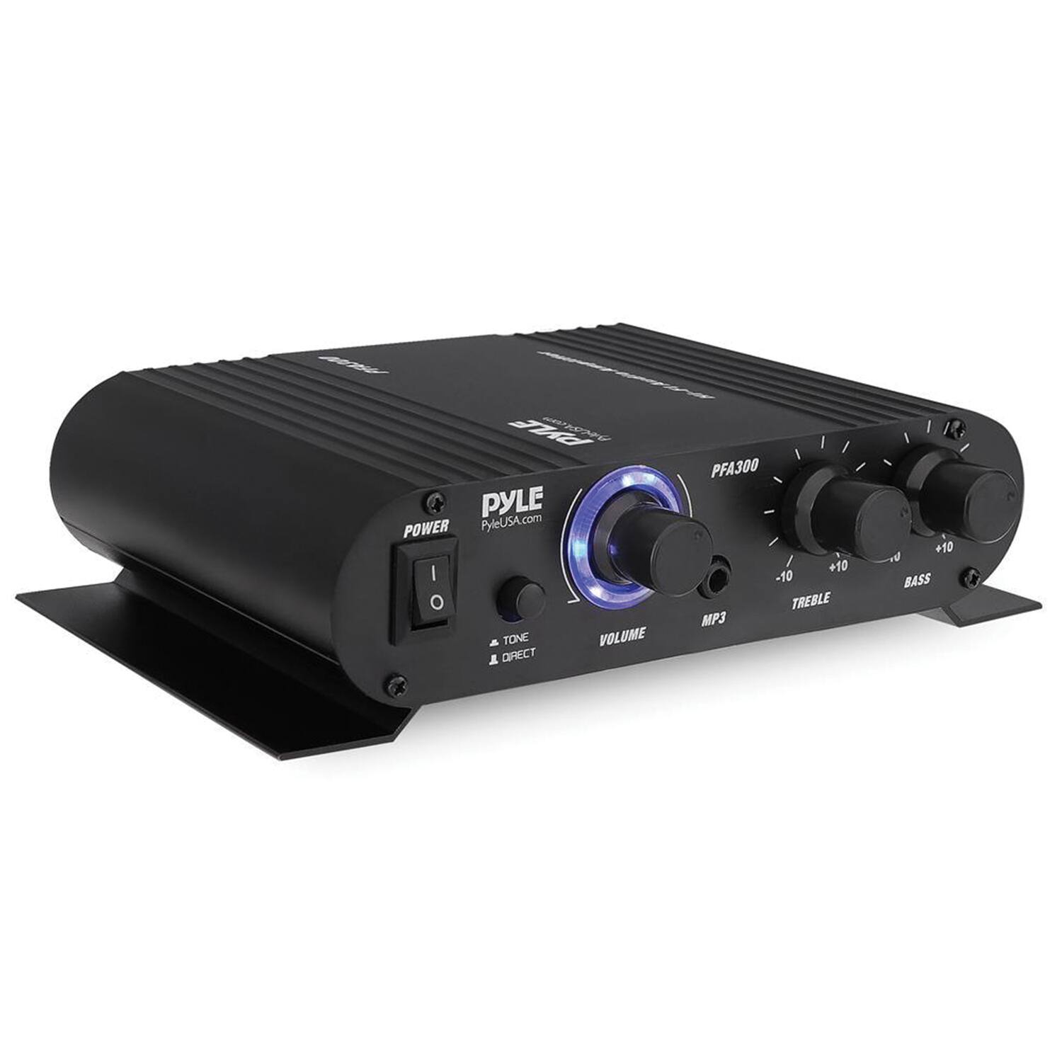 PYLE POWER  
PyleUSA.com  

PFA300  

- TONE  
- VOLUME  
- MP3  
- BASS  
- TREBLE  

+10  
-10  

DIRECT