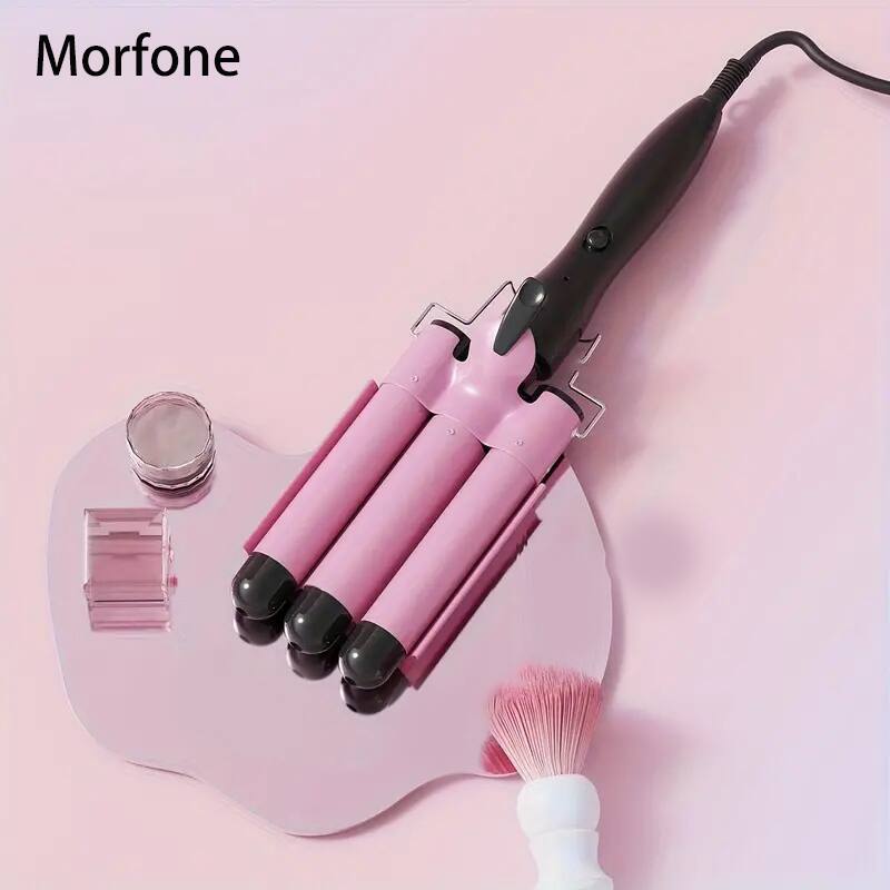 Left. Morfone - 22mm Triple-Barrel Adjustable Temperature Curling Iron, Rapid Heating, Suitable for All Hair Types (Pink) - Pink.