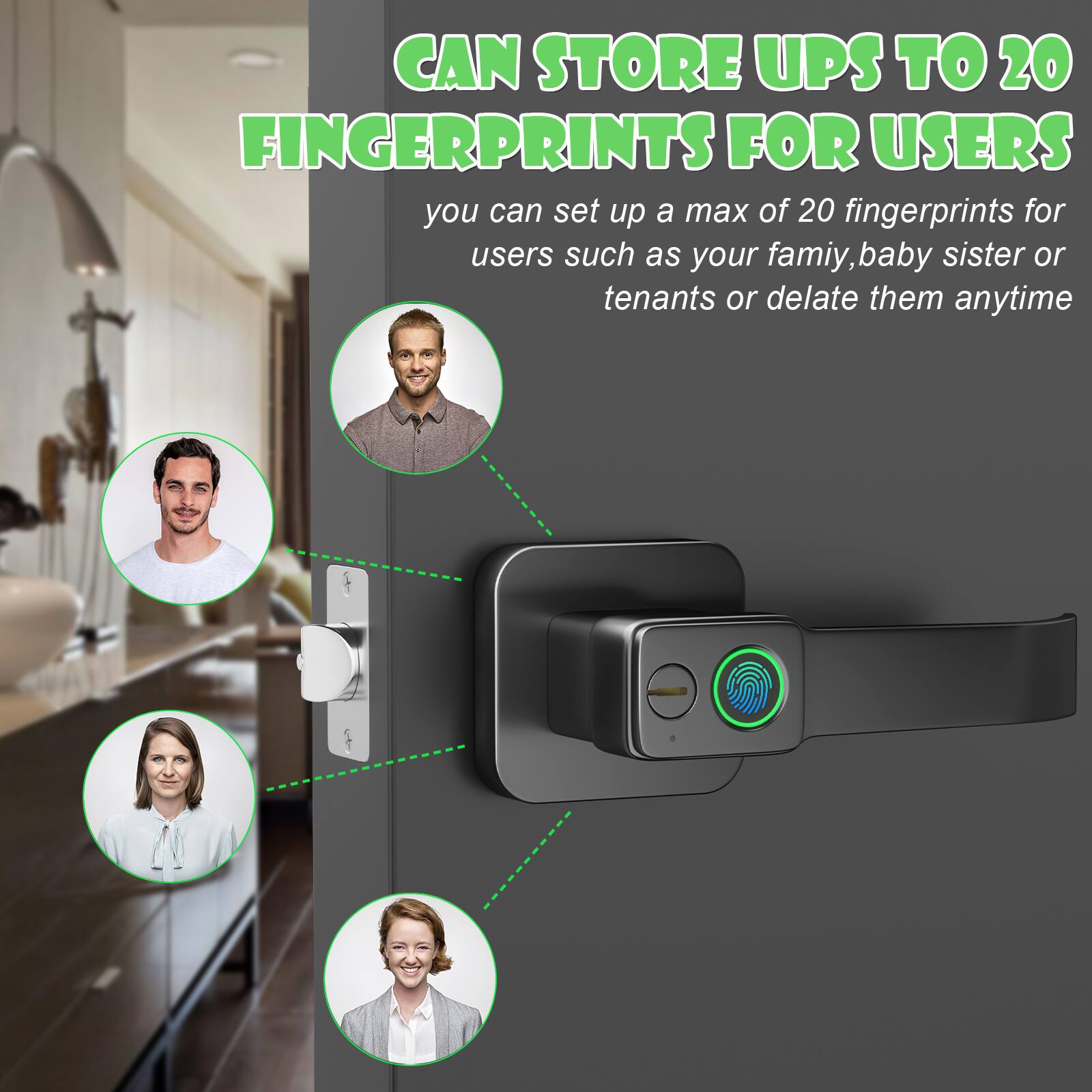 CAN STORE UPS TO 20 FINGERPRINTS FOR USERS
you can set up a max of 20 fingerprints for users such as your famiy, baby sister or tenants or delate them anytime