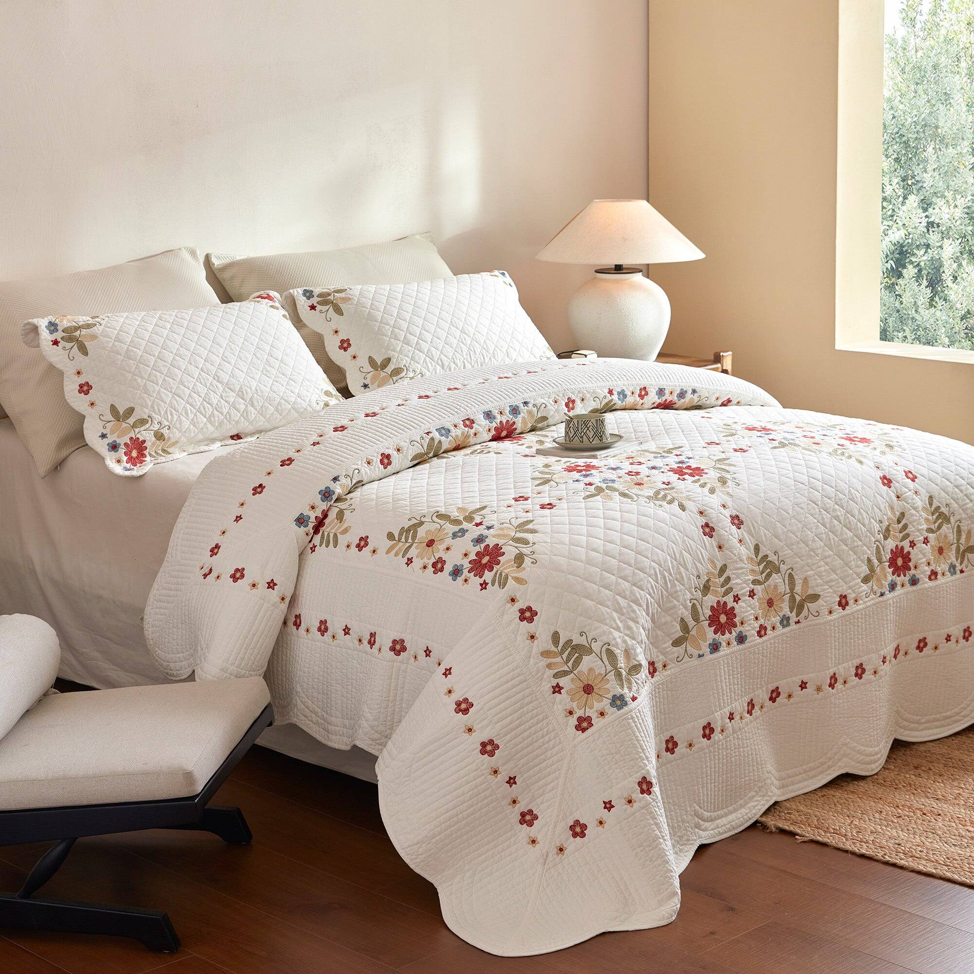 Back. MarCielo - Marcielo 3 Pieces Cotton European Folk Embroidered Quilt Bedspread Set Modern Farmhouse Style - White.