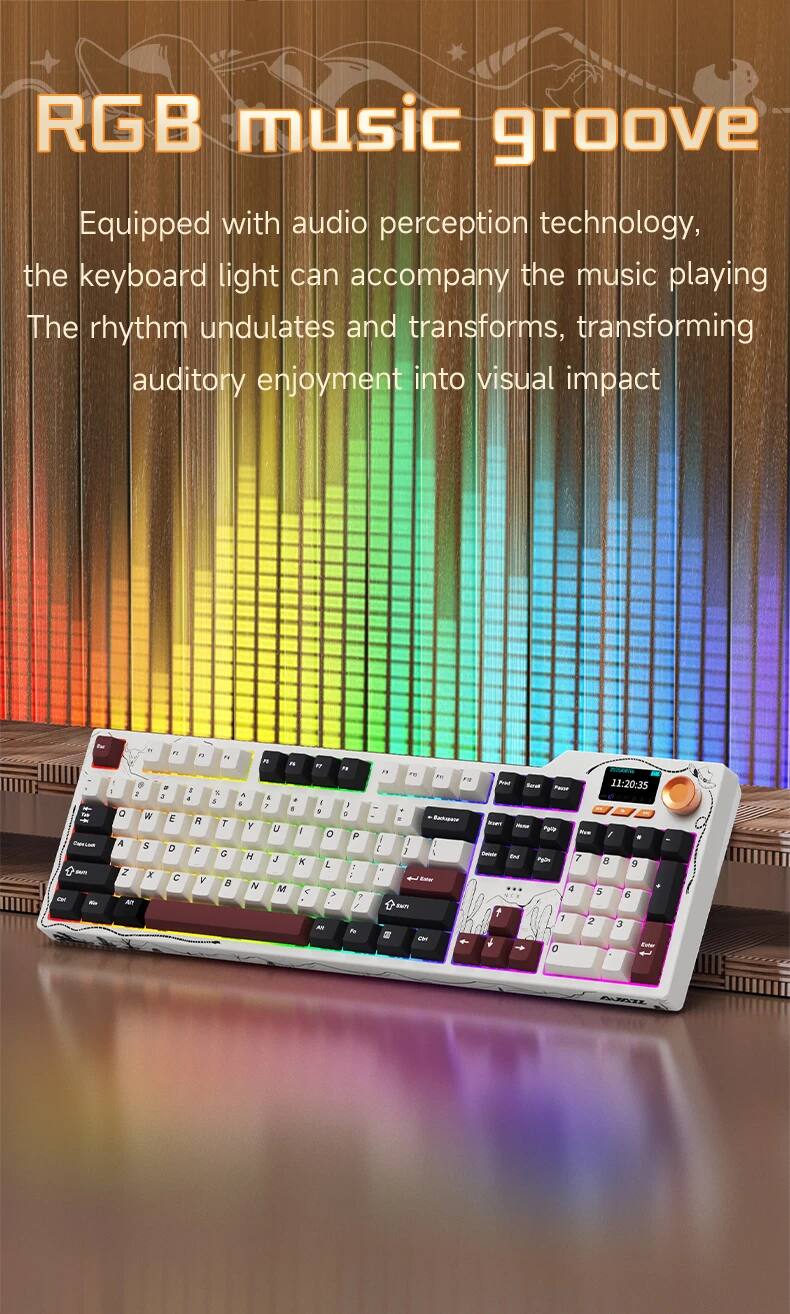 RGB music groove  
Equipped with audio perception technology, the keyboard light can accompany the music playing. The rhythm undulates and transforms, transforming auditory enjoyment into visual impact.