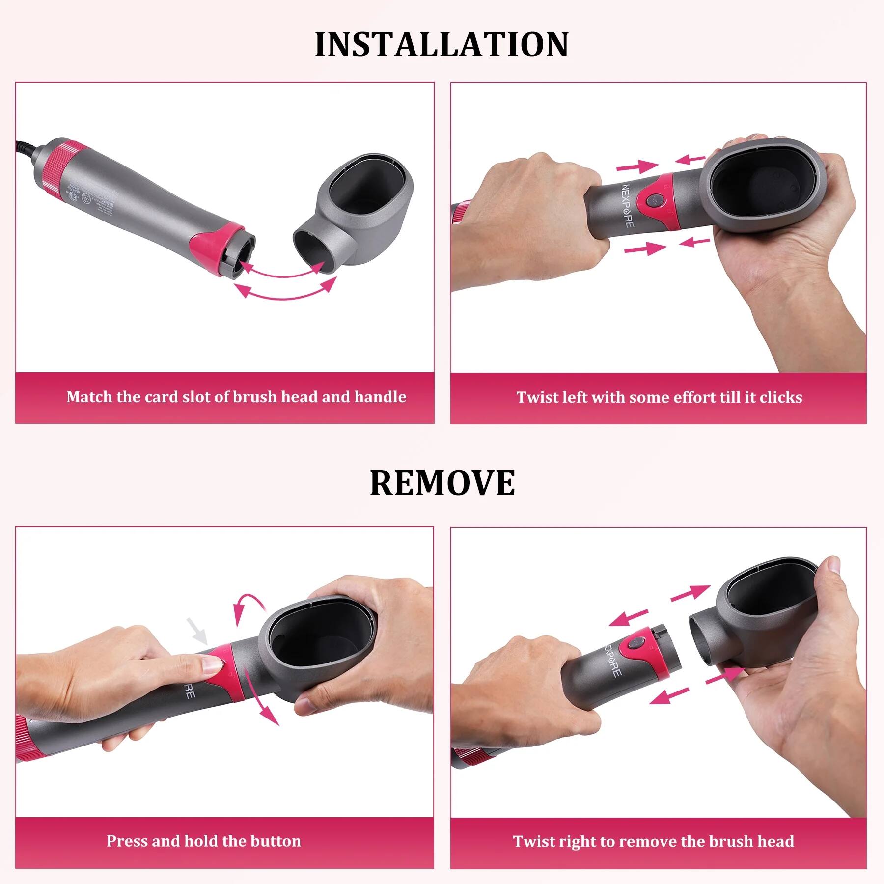 **Installation**

1. Match the card slot of brush head and handle
2. Twist left with some effort till it clicks

**Remove**

1. Press and hold the button
2. Twist right to remove the brush head