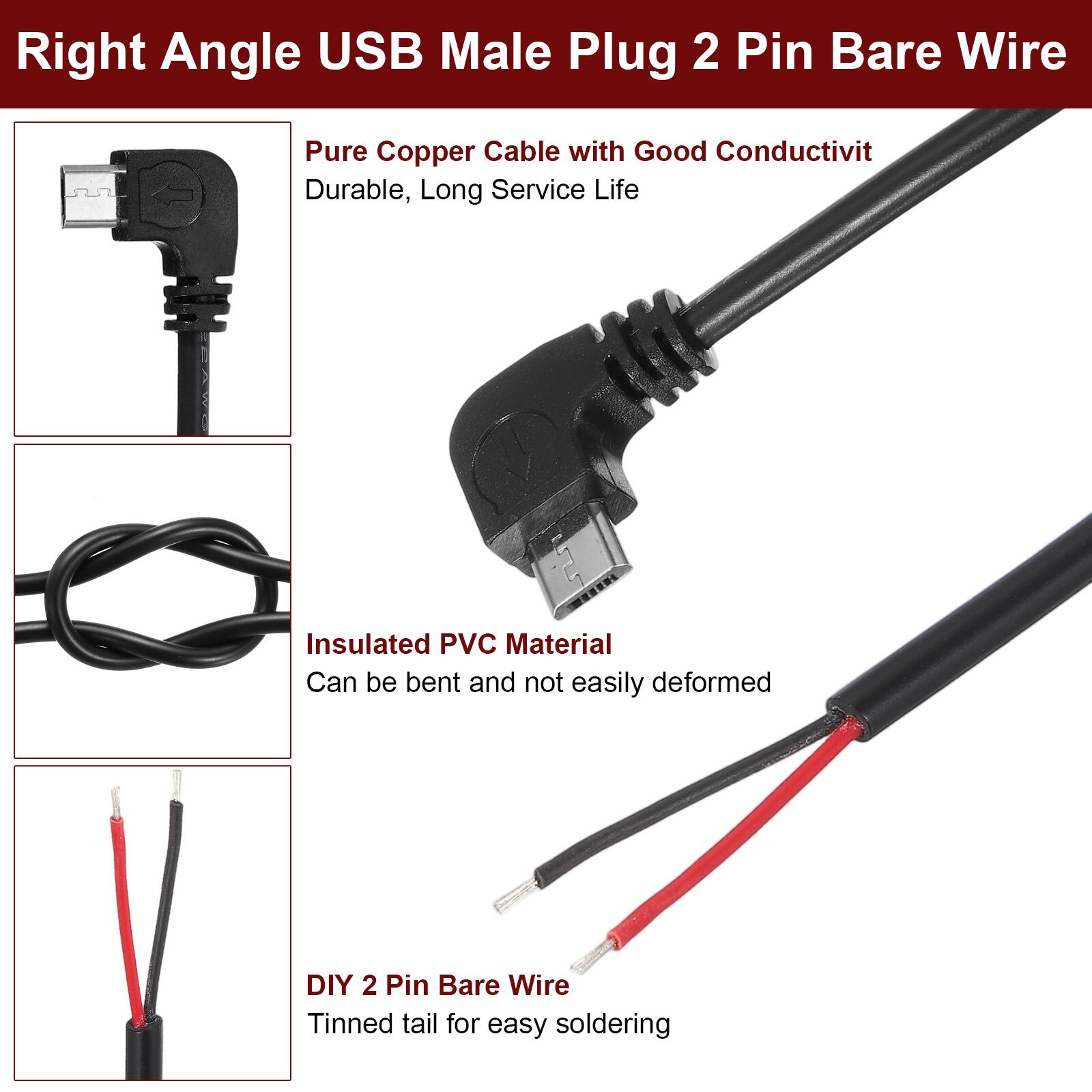 Right Angle USB Male Plug 2 Pin Bare Wire

- Pure Copper Cable with Good Conductivity
  - Durable, Long Service Life

- Insulated PVC Material
  - Can be bent and not easily deformed

- DIY 2 Pin Bare Wire
  - Tinned tail for easy soldering