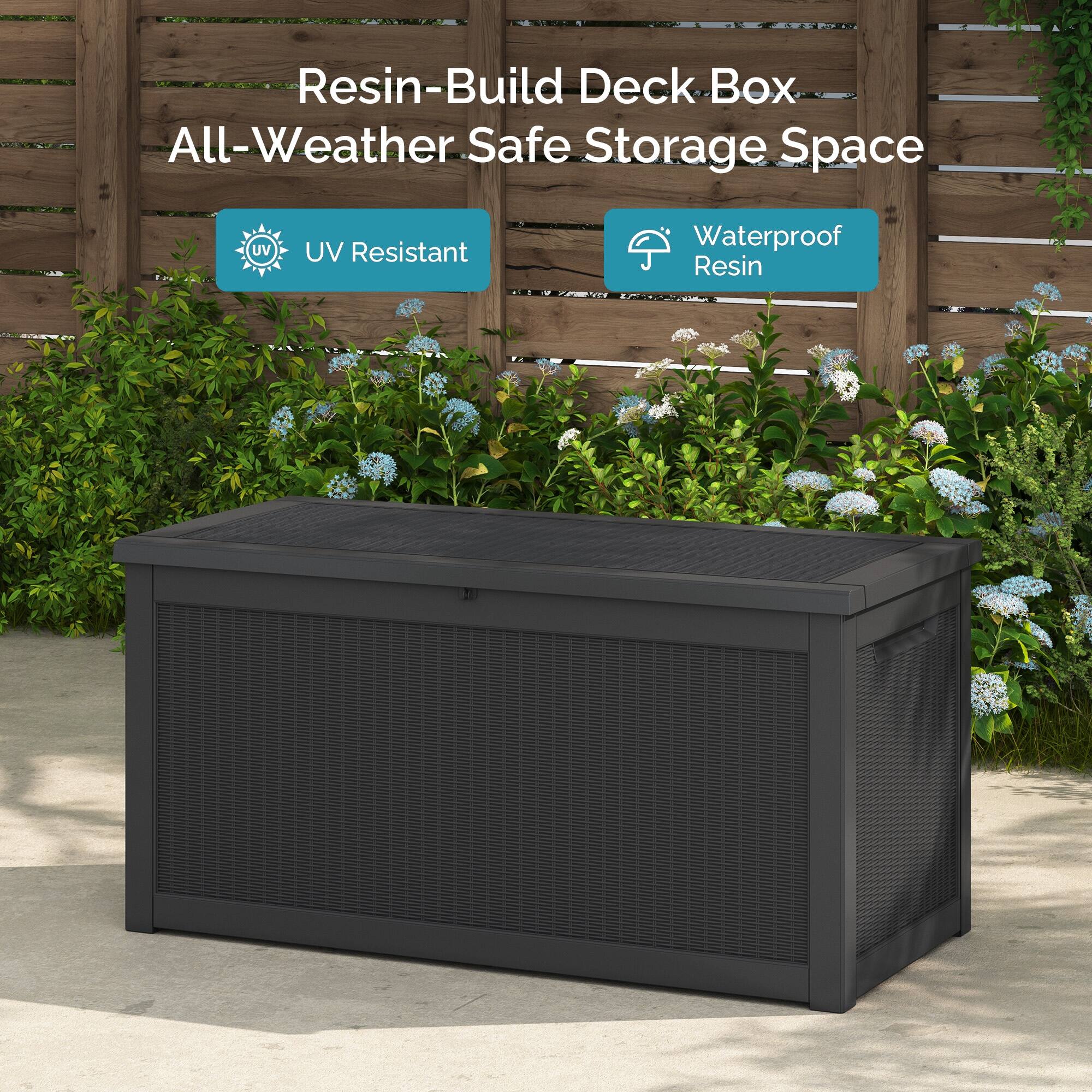 Resin-Build Deck Box All-Weather Safe Storage Space  
UV Resistant  
Waterproof Resin