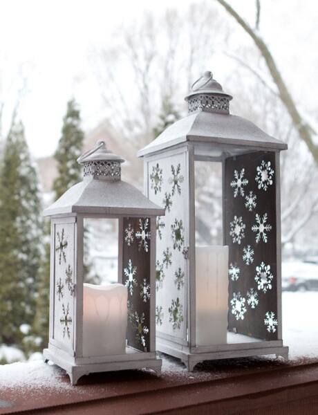 Alt View 2. Melrose - Set of 2 Large White Cut-Out Snowflake All-Weather Iron and Glass Christmas Candle Lanterns - White.