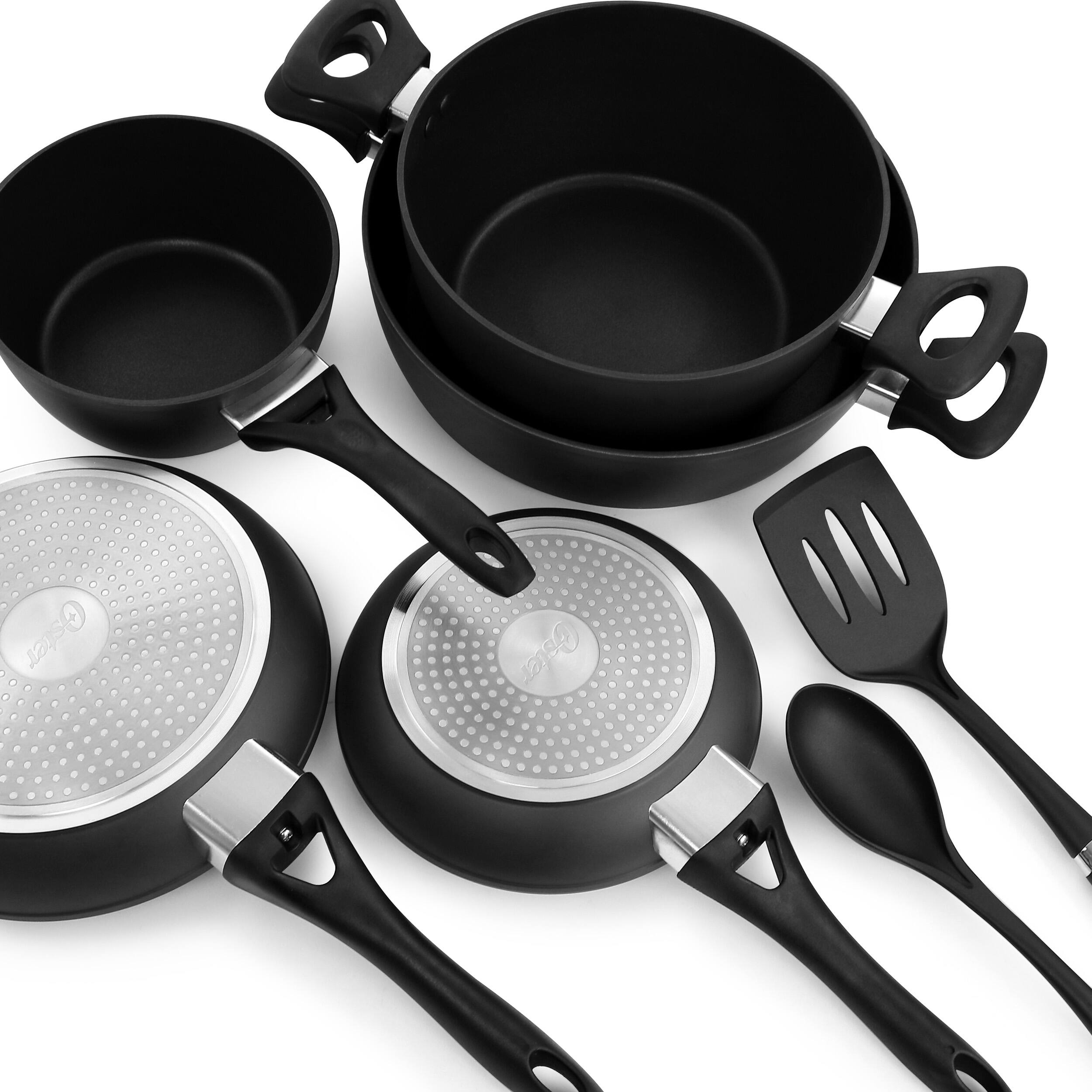 A set of Oster pots and pans are displayed on a white background.