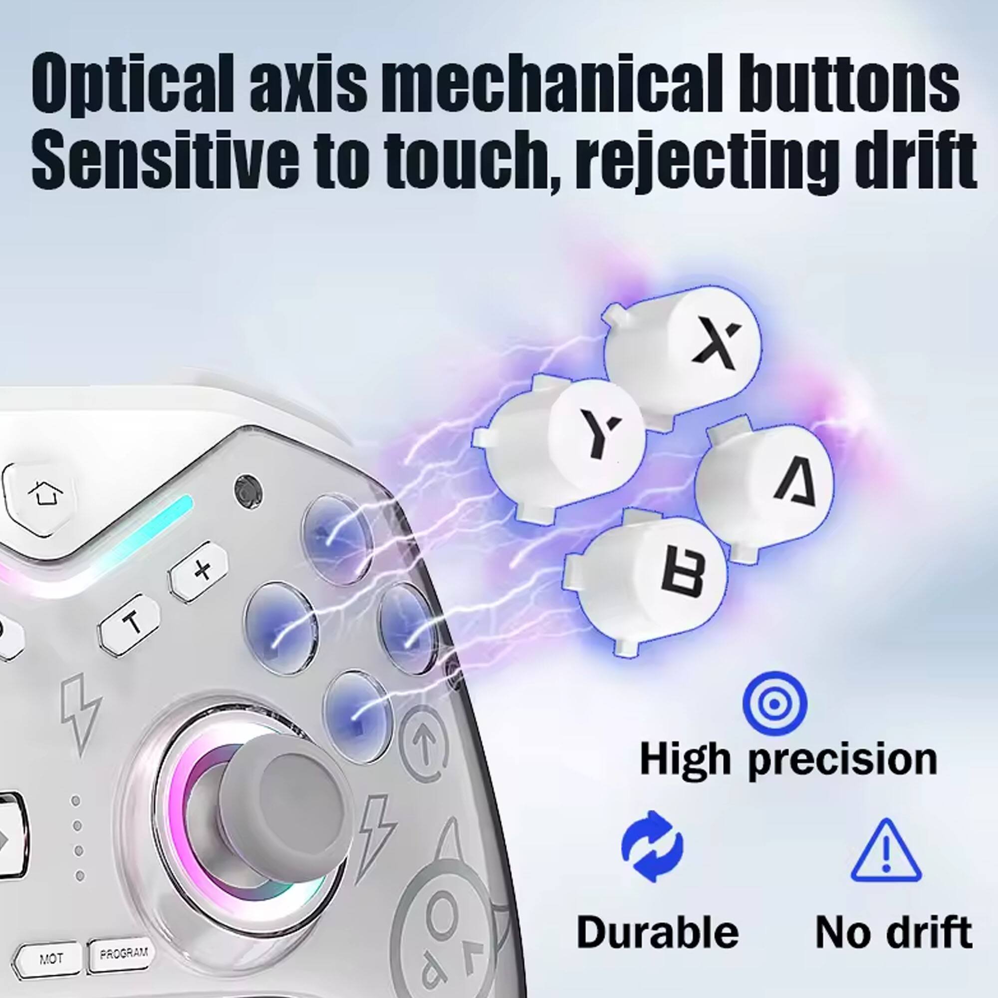 Optical axis mechanical buttons  
Sensitive to touch, rejecting drift  

T + X Y A B  

High precision  

Durable  

No drift