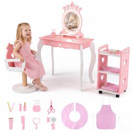 Costway - Kids Hair Salon Play Set with LED Lighted Mirror, Swivel Barber Chair, Rolling Cart - Pink + White