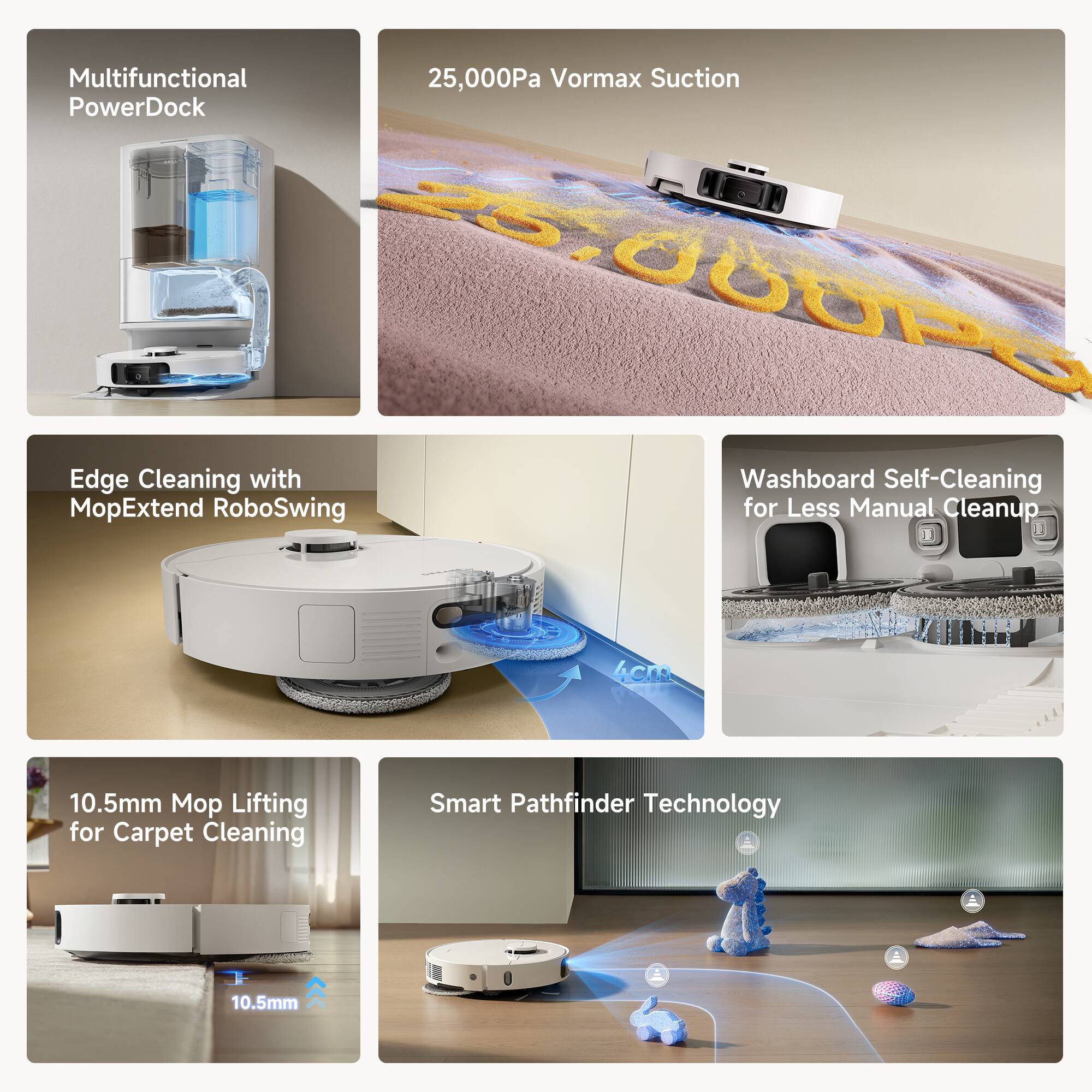 Multifunctional PowerDock

25,000Pa Vormax Suction

Edge Cleaning with MopExtend RoboSwing

Washboard Self-Cleaning for Less Manual Cleanup

10.5mm Mop Lifting for Carpet Cleaning

Smart Pathfinder Technology