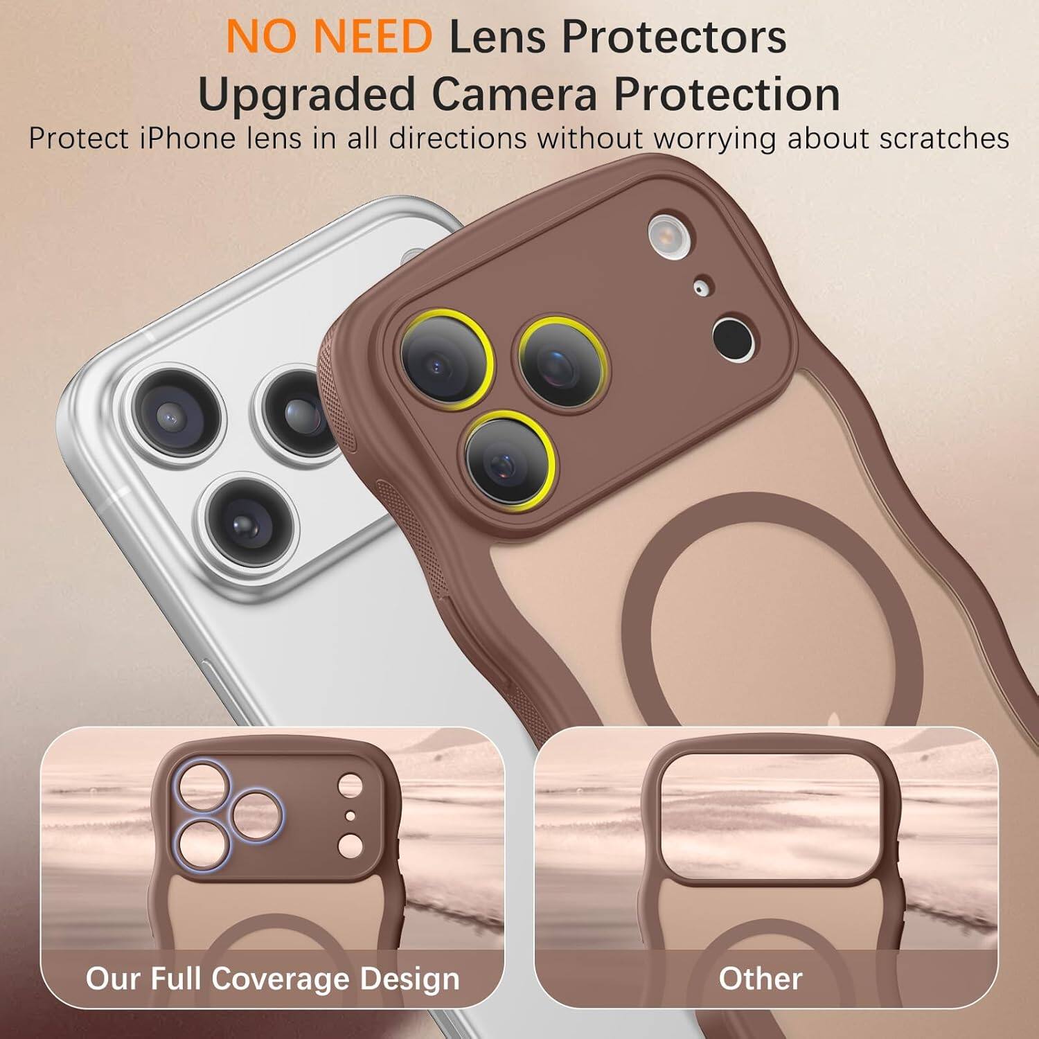 NO NEED Lens Protectors  
Upgraded Camera Protection  
Protect iPhone lens in all directions without worrying about scratches  

Our Full Coverage Design  
Other