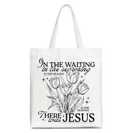 OrnamentallyYou - In the Waiting There Was Jesus Tote Bag, Christian Faith Floral Inspirational Gift Shopper - White