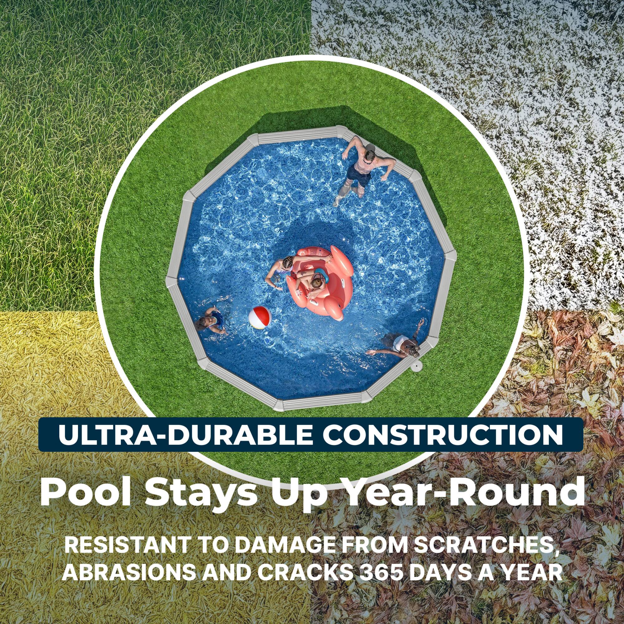 ULTRA-DURABLE CONSTRUCTION  
Pool Stays Up Year-Round  
RESISTANT TO DAMAGE FROM SCRATCHES, ABRASIONS AND CRACKS 365 DAYS A YEAR