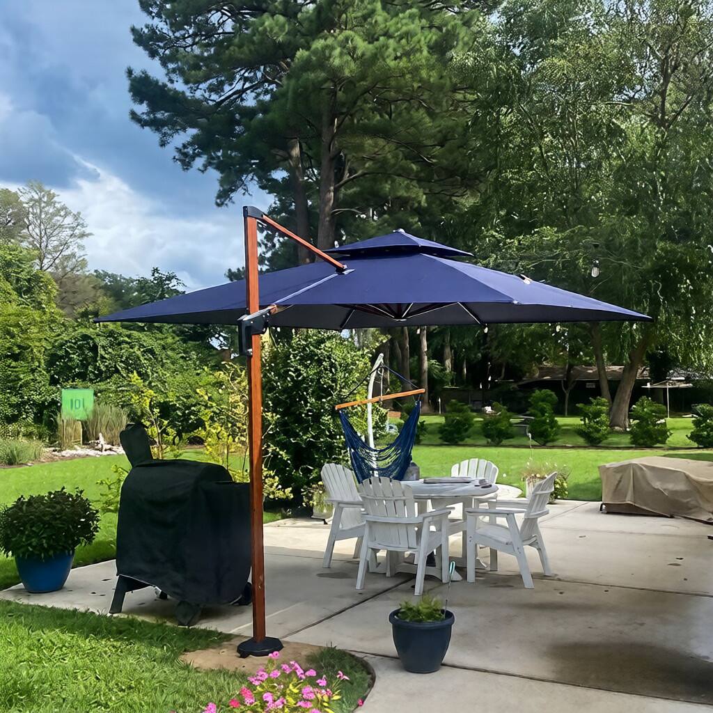 Angle. PURPLE LEAF - 10 ft. Patio Square Outdoor Large Cantilever Umbrella Windproof Offset Heavy Duty Sun Umbrella with Base for Garden - Navy Blue.