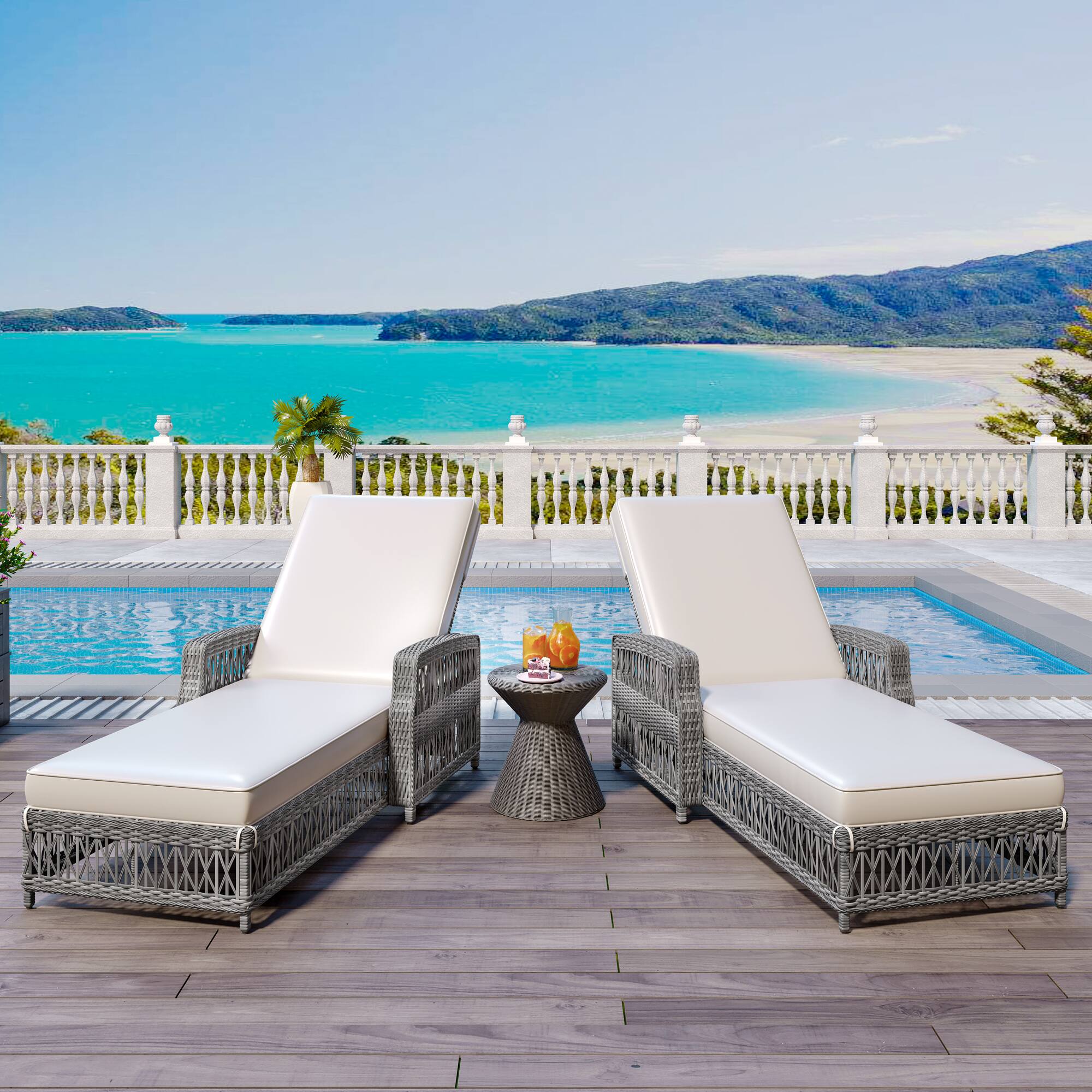 Front. Mondawe - 2 Pieces Wicker Long Reclining Chaise Patio Adjustable Recliner with Soft Removable Cushions - Beige+Grey.