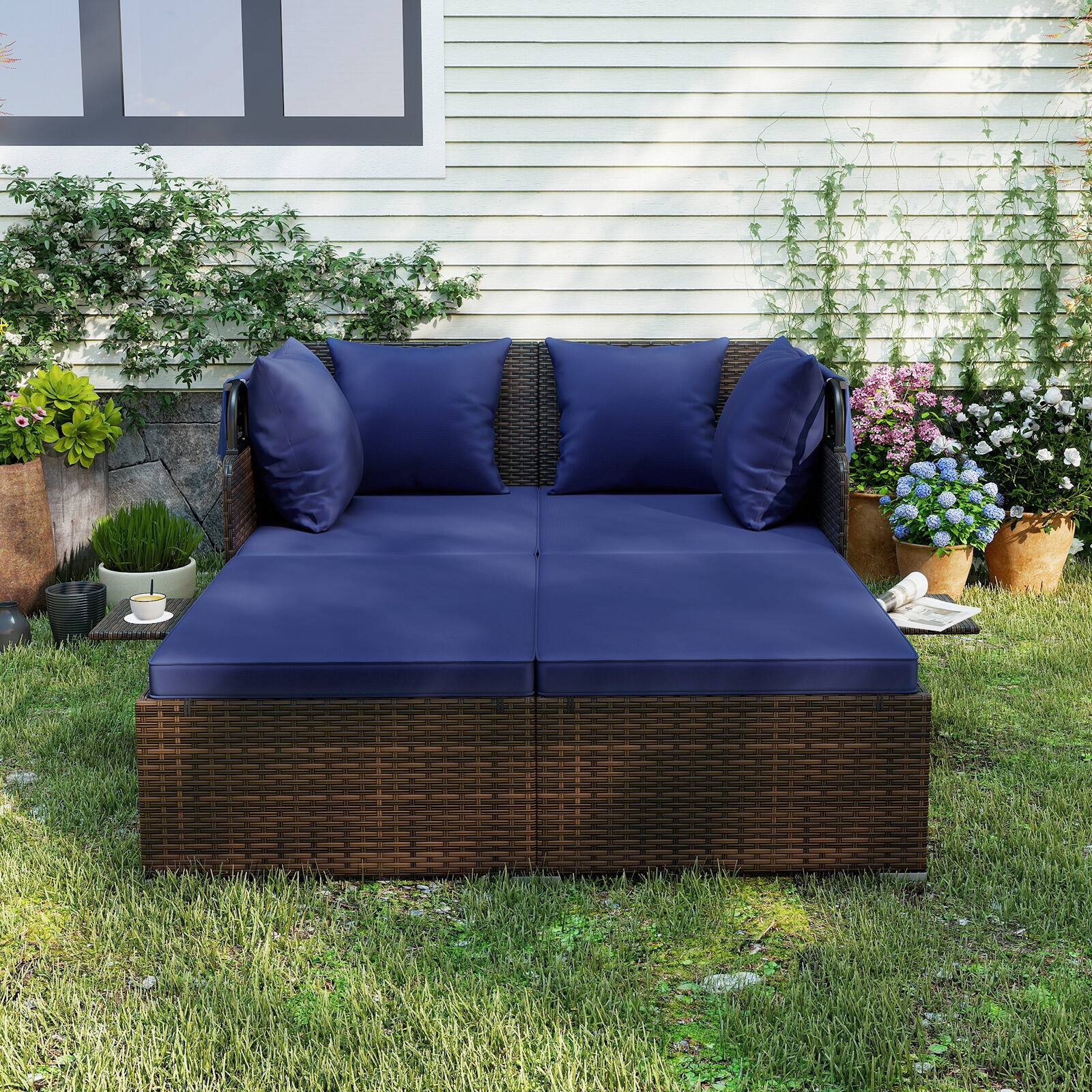 Alt View 3. Gymax - Gymax Patio Rattan Daybed Lounge Retractable Top Canopy Side Tables Cushions for Outdoor Navy - Blue.