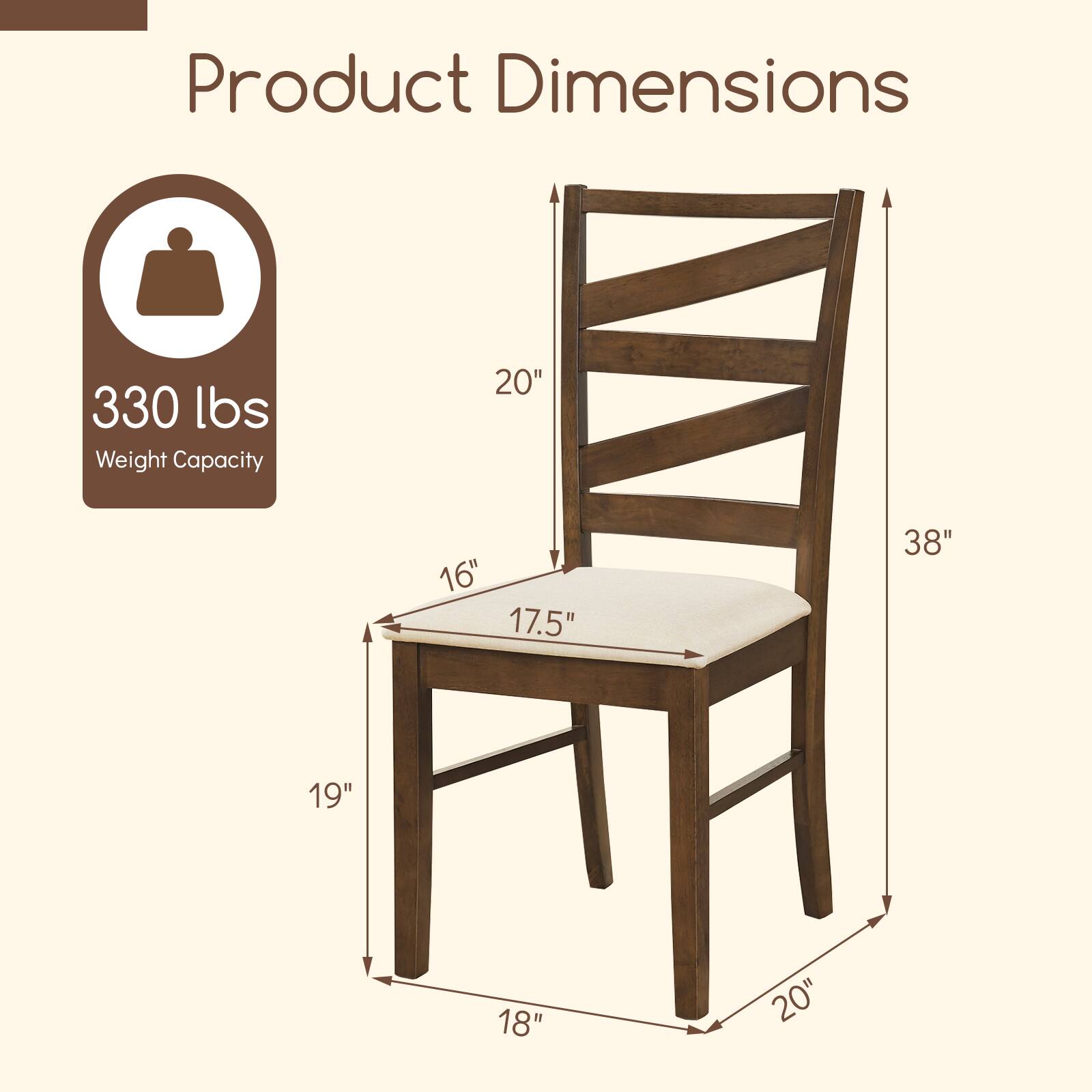 Product Dimensions: 20" x 16" x 17.5" x 38" x 19" x 18"  
Weight Capacity: 330 lbs