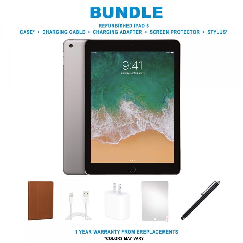 BUNDLE  
REFURBISHED IPAD 6  
CASE* • CHARGING CABLE • CHARGING ADAPTER • SCREEN PROTECTOR • STYLUS*  

9:41  
Tuesday, September 12  

1 YEAR WARRANTY FROM EREPLACEMENTS  
*COLORS MAY VARY