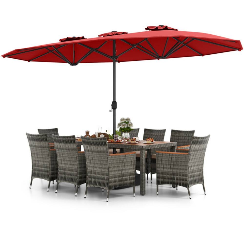 Front. Mondawe - 10 Pieces Patio Wicker Dining Set with 15 Feet Double-Sided Patio Umbrella - Red.