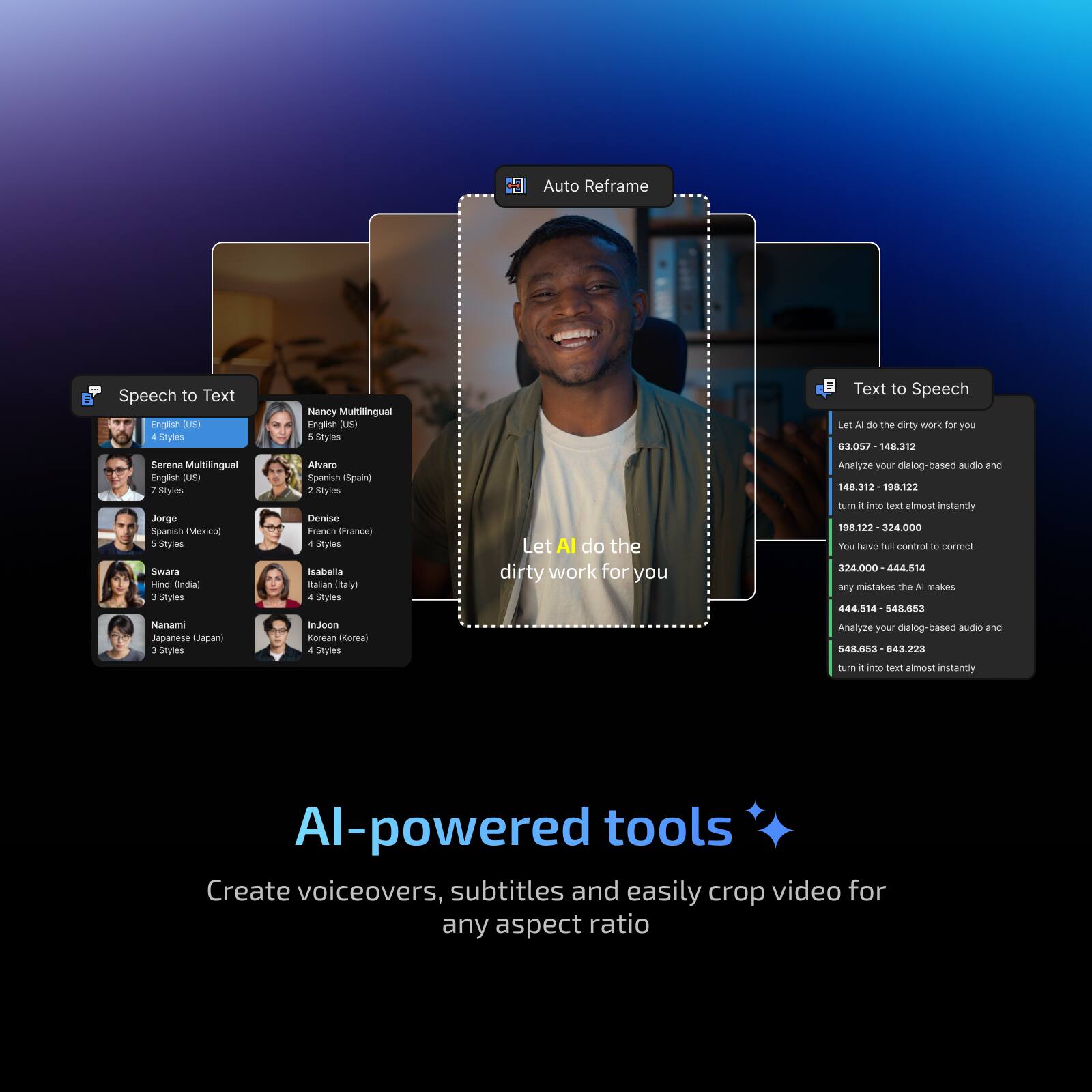Auto Reframe

Speech to Text
- English (US) - 4 Styles
- Nancy Multilingual - 5 Styles
- Serena Multilingual - 7 Styles
- Jorge - Spanish (Mexico) - 1 Style
- Swara - Hindi (India) - 3 Styles
- Nanami - Japanese (Japan) - 2 Styles
- Alvaro - Spanish (Spain) - 2 Styles
- Denise - French (France) - 5 Styles
- Isabella - Italian (Italy) - 4 Styles
- InJoon - Korean (Korea) - 4 Styles

Text to Speech
- Let AI do the dirty work for you
  - 63.057 - 148.312
  - 148.312 - 198.122
  - 198.122 - 324.000
  - 324.000 - 444.514
  - 444.514 - 548.653
  - 548.653 - 643