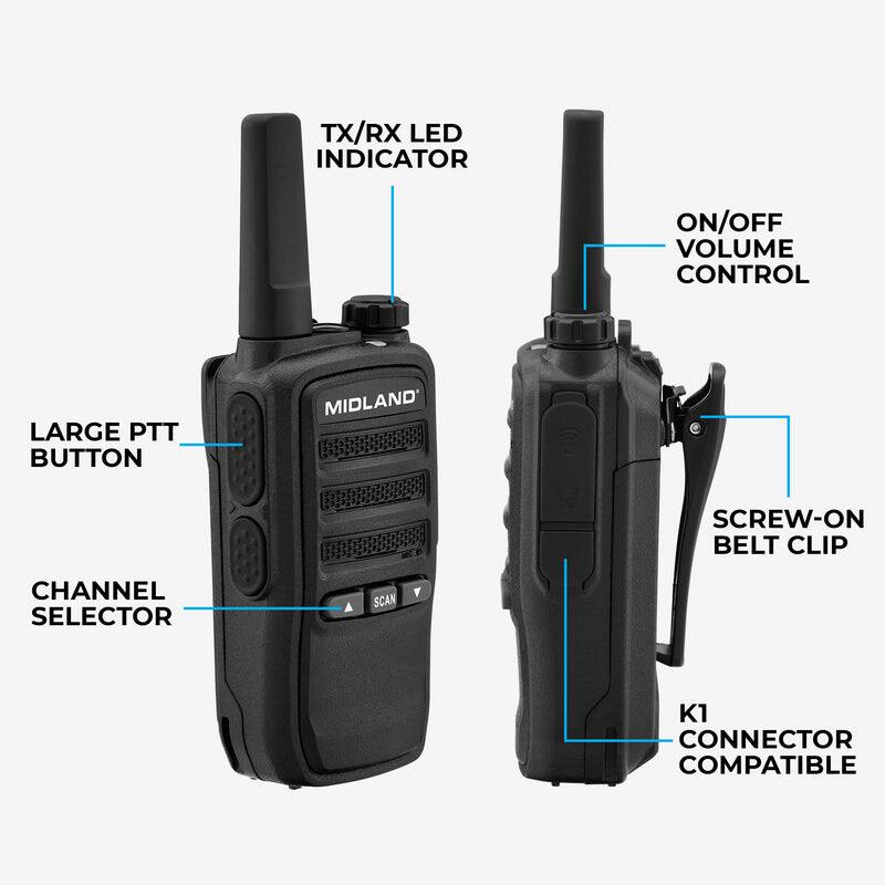 TX/RX LED INDICATOR  
ON/OFF VOLUME CONTROL  
LARGE PTT BUTTON  
CHANNEL SELECTOR  
SCREW-ON BELT CLIP  
K1 CONNECTOR COMPATIBLE