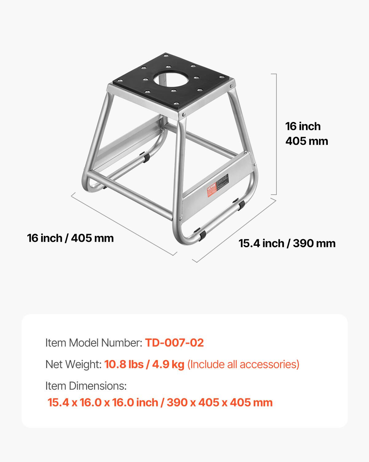 16 inch 405 mm  
16 inch / 405 mm  
15.4 inch / 390 mm  

Item Model Number: TD-007-02  
Net Weight: 10.8 lbs / 4.9 kg (Include all accessories)  
Item Dimensions: 15.4 x 16.0 x 16.0 inch / 390 x 405 x 405 mm