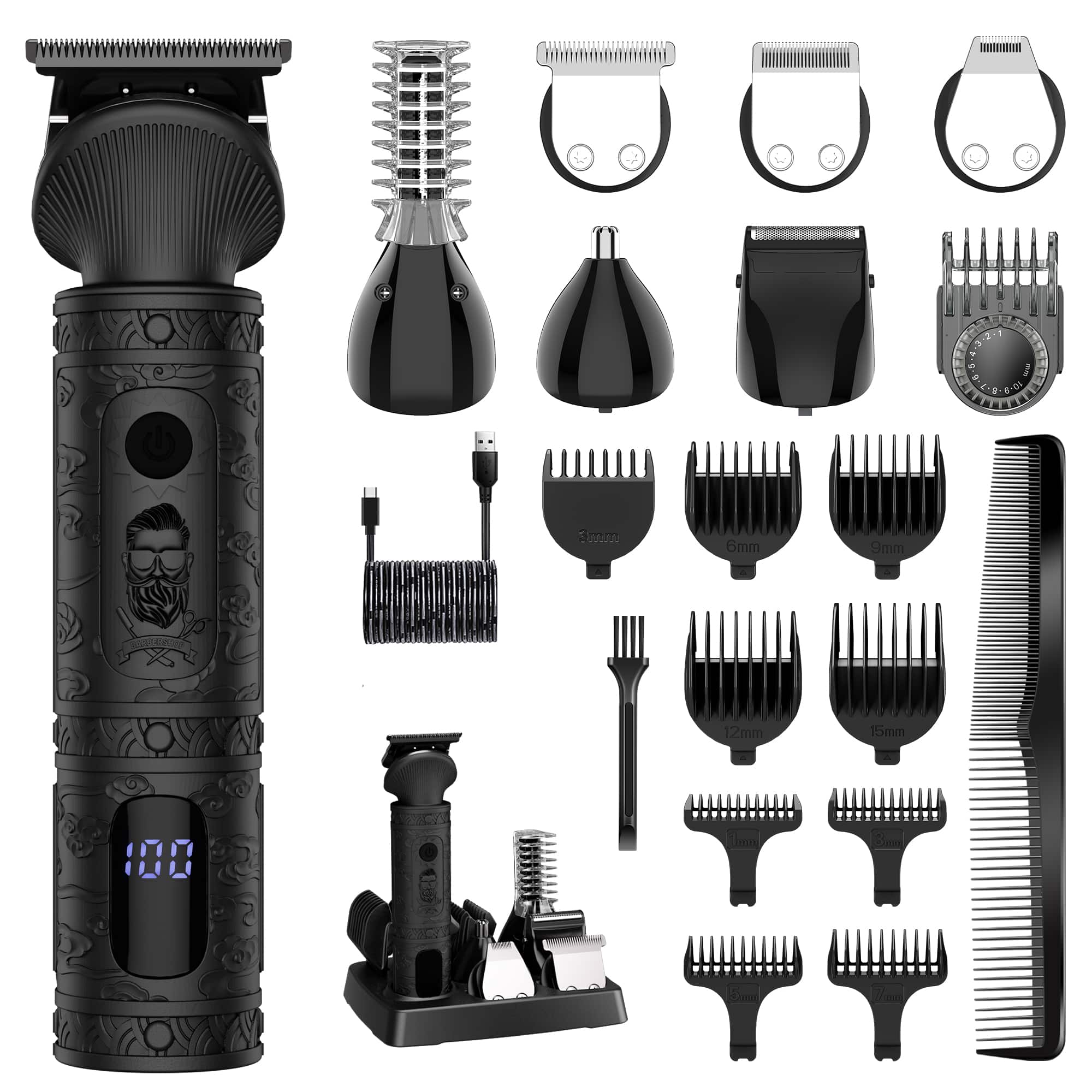 HATTEKER - 7-in-1 Beard Trimmer for Men, Hair Clippers Cordless, T-Blade Grooming Kit with LED Display, Nose & Body Trimmer - Black