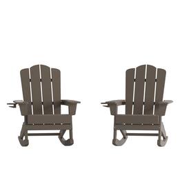 Emma + Oliver - Tiverton Set of 2 Adirondack Rocking Chairs with Cup Holders, Weather Resistant HDPE Adirondack Rocking Chairs - Brown