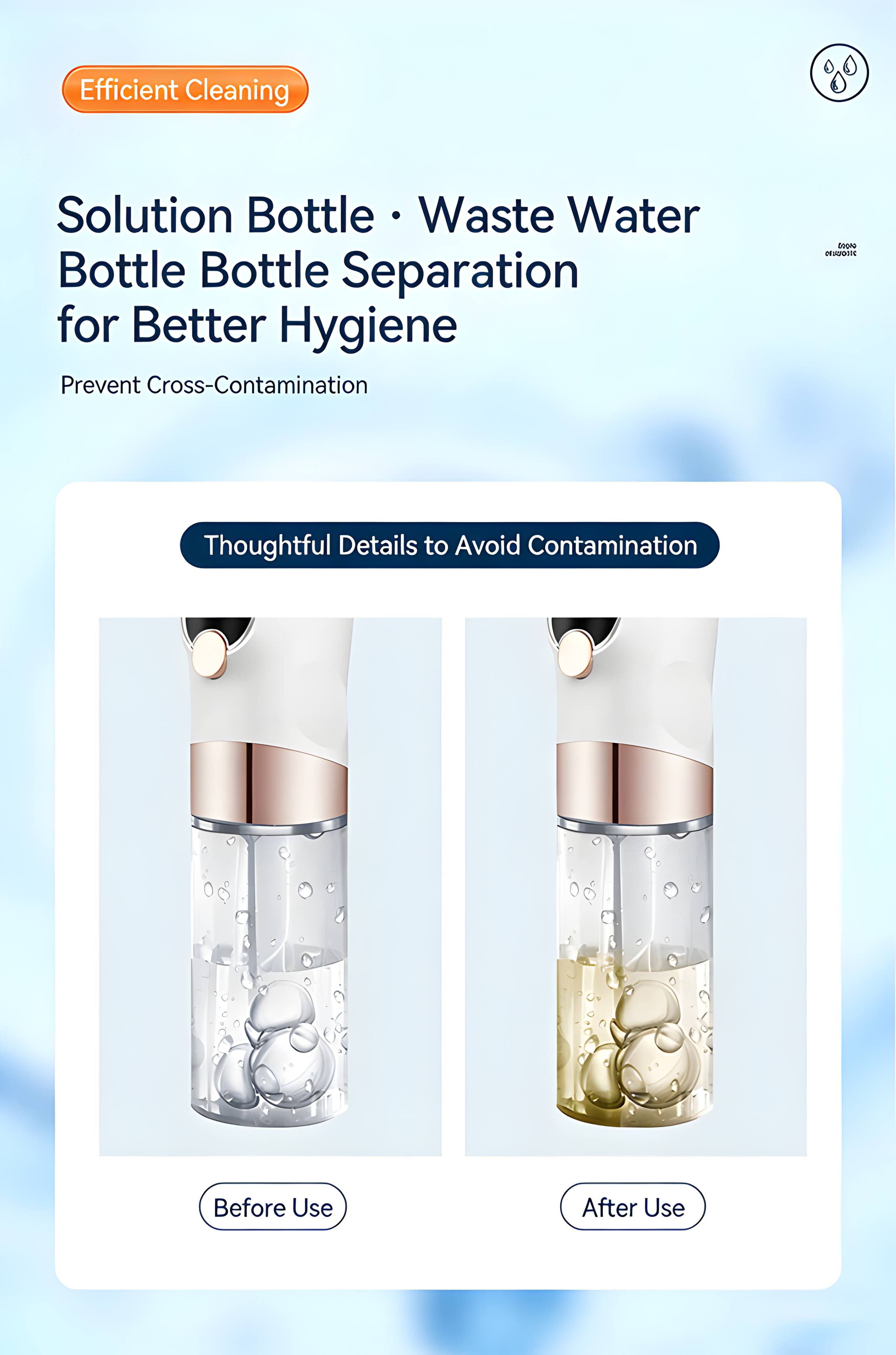 Efficient Cleaning

Solution Bottle • Waste Water Bottle Bottle Separation for Better Hygiene

Prevent Cross-Contamination

Thoughtful Details to Avoid Contamination

Before Use

After Use