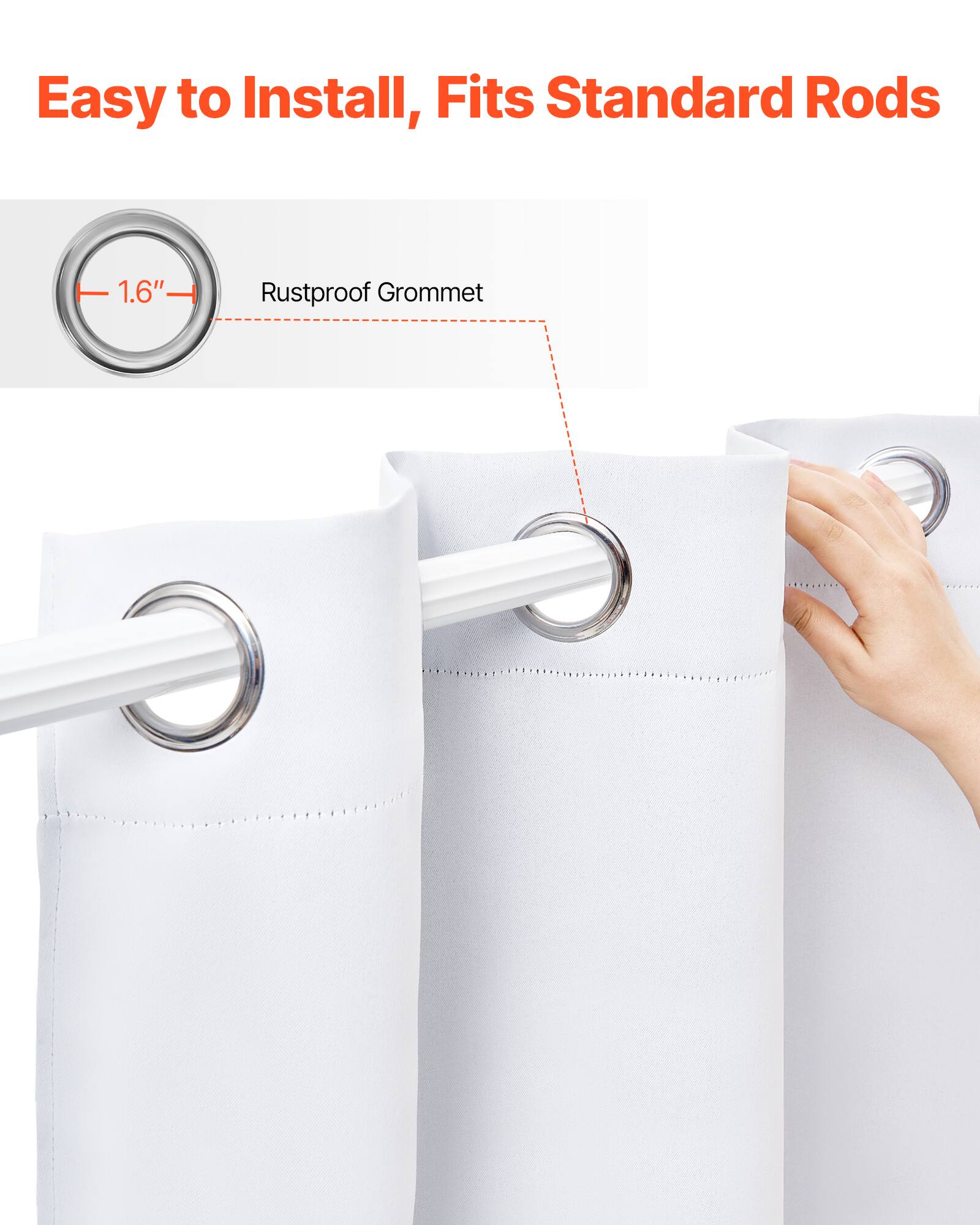 Easy to Install, Fits Standard Rods  
1.6" Rustproof Grommet