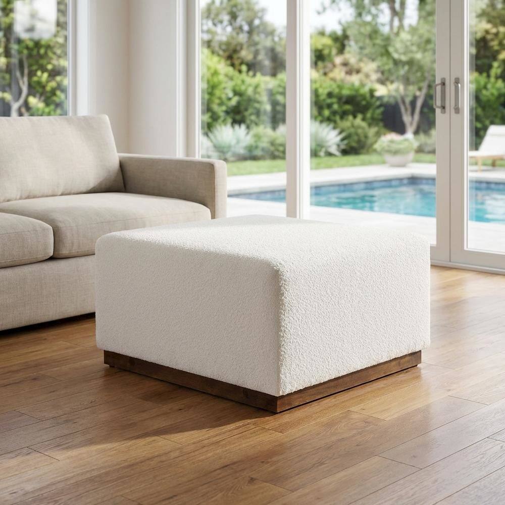 Left. Outdoor Escape - Square Boucle Upholstered Ottoman With Cushioned Top For Outdoor Lounge - Brown.