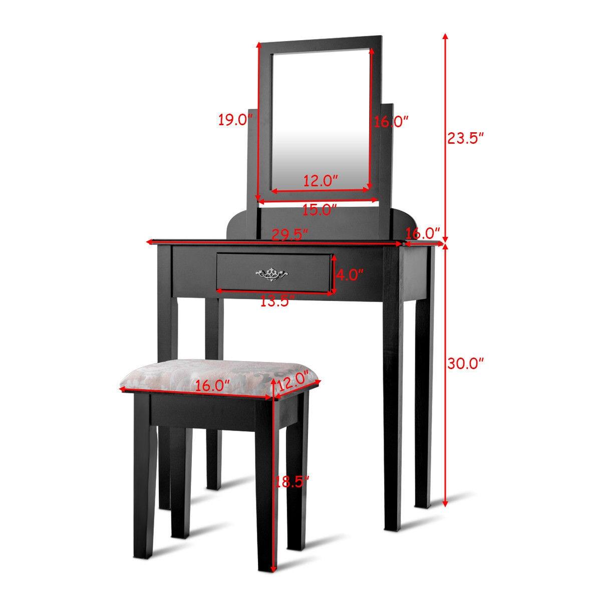 The text can be grouped as follows:

- Mirror dimensions: 19.0", 16.0", 12.0", 15.0"
- Vanity dimensions: 29.5", 4.0", 13.5"
- Chair dimensions: 16.0", 12.0", 18.5"
- Overall height: 30.0"